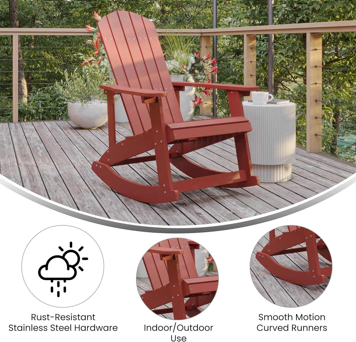 Flash Furniture Savannah Poly Resin Wood Adirondack Rocking Chair - All Weather Red Polystyrene - Stainless Steel Hardware