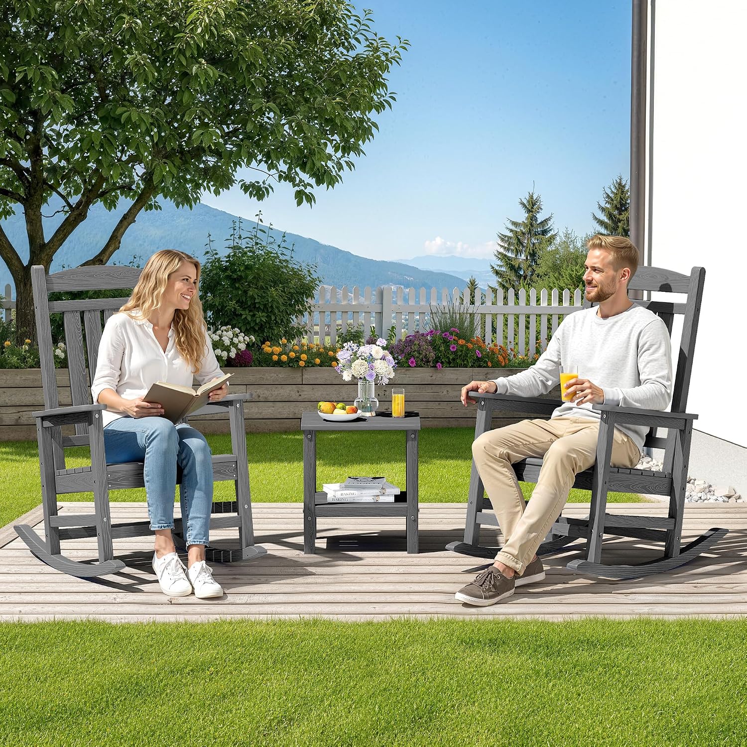 SERWALL Oversized Outdoor Rocking Chair Set of 6, HDPE Patio Rocking Chair, All-Weather Porch Rocker for Balcony, Yard, Dark Gray
