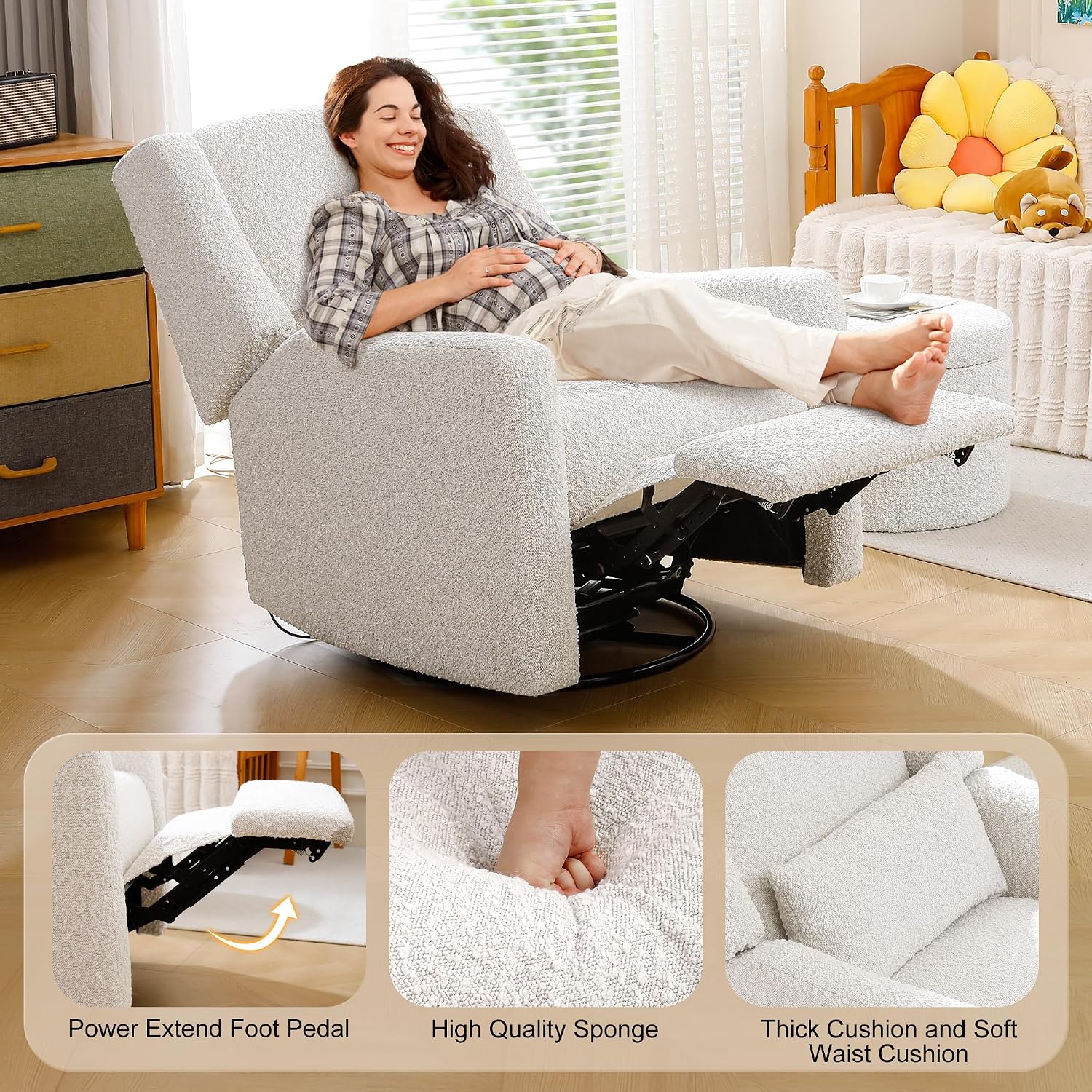 Power Nursery Rocking Chairs Set of 2, Skin-Friendly Teddy Fabric Nursery Recliner Chair Swivel Gilder, Power Nursing Chair for Adults with Waist Pillow, USB Charging,Beige