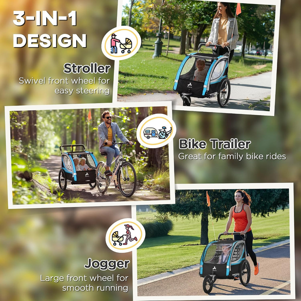 Aosom 3-in-1 Walk/Jog/Ride Child Baby Bike Trailer for Kids 2 Seater, High-Visibility Bike Stroller for Toddler Wagon, Weather-Strong Double Bicycle Trailer Accessory