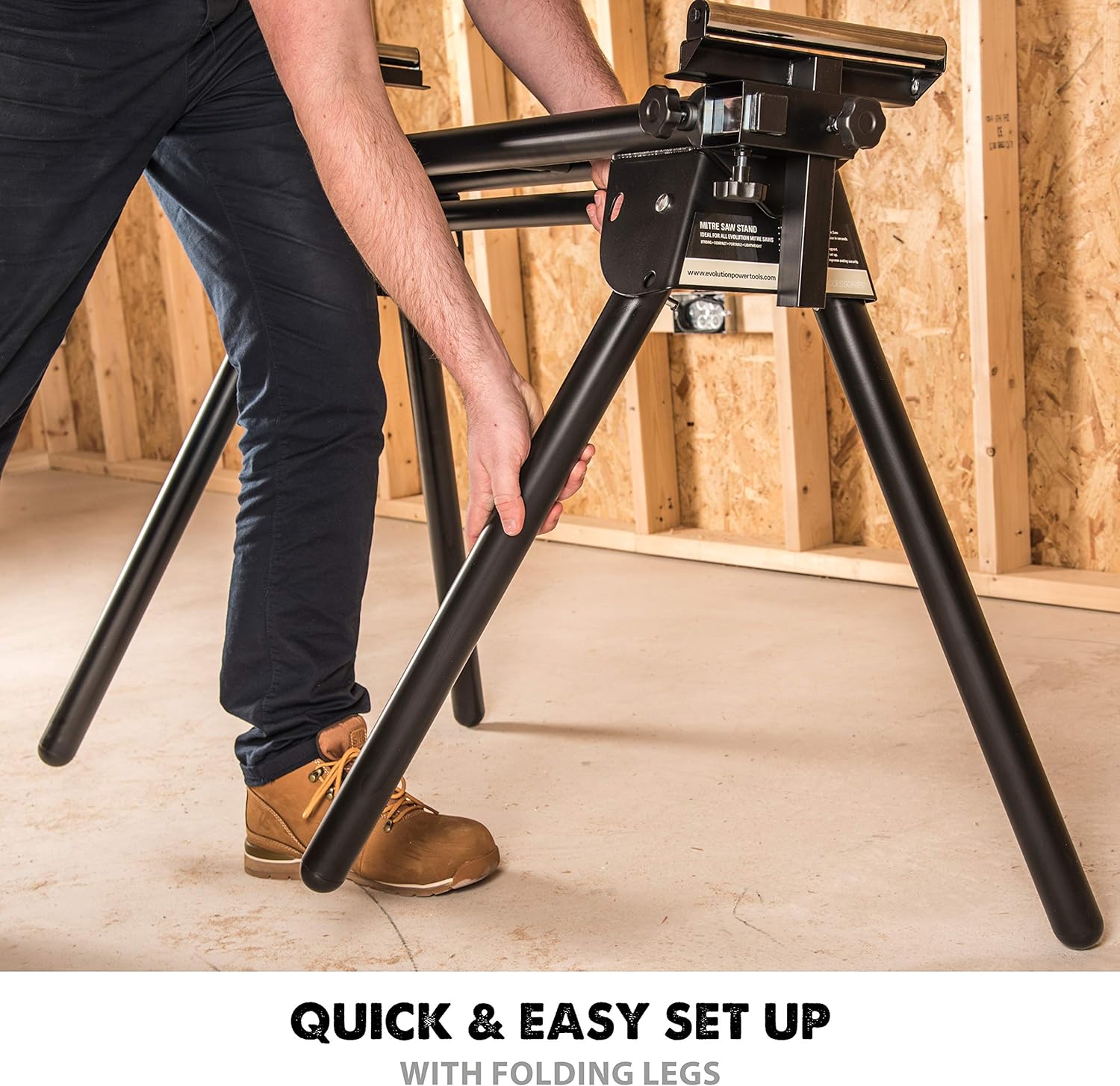 Evolution Power Tools EVOMS1 Miter Saw Stand Compact & Folding, Universal Fits Most Brands, Quick Release Mounting Brackets, Rollers, End Stops for Repeat Cutting , Black