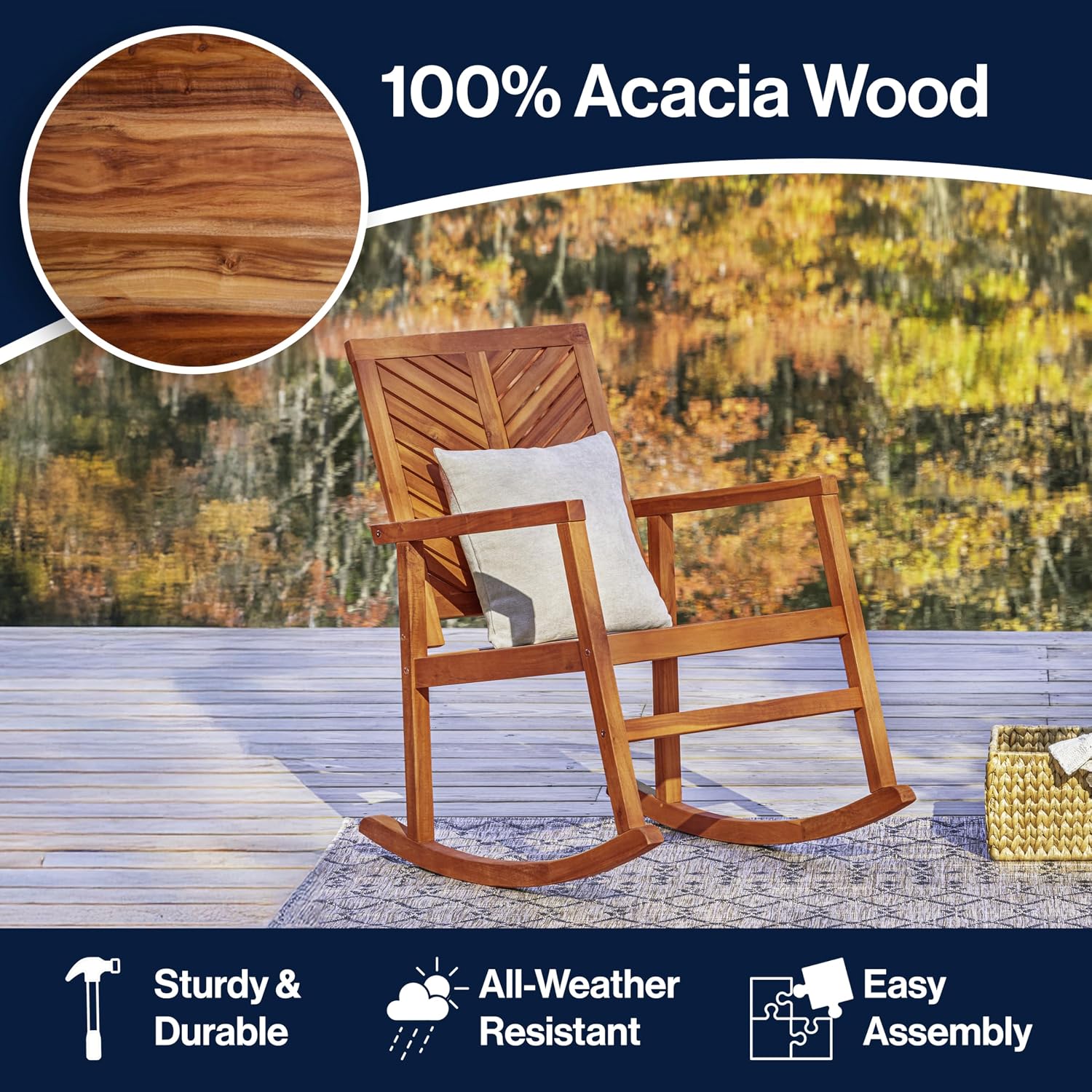 JONATHAN Y RCK100A Ned Modern Chevron-Back 300-Lbs Support Acacia Wood Patio Outdoor Rocking Chair for Garden, Lawn, Backyard, Pool, Deck, Beach, Firepit, Teak