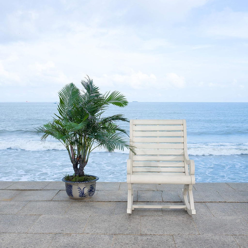 SAFAVIEH Outdoor - Sonora Rocking Chair - White Washed - Solid Wood - Transitional British Slatted Design - Ideal for Patio, Deck, Porch, Backyard, 17.7' Seat Height (PAT7016C)