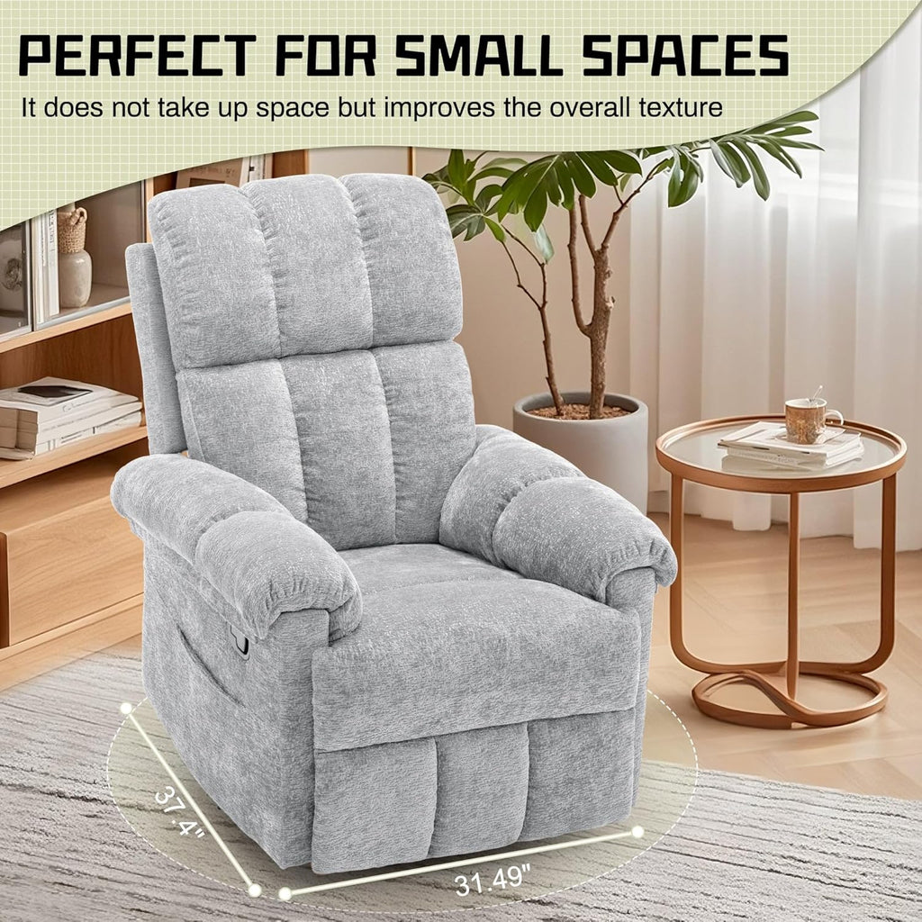 Korser Recliner Chair, Swivel Rocker Recliner Chair for Adults, Small Recliners for Small Spaces, Manual Recliner Chair with Side Pockets, Nursery Rocking Chair for Living Room, Chenille, Silver Grey