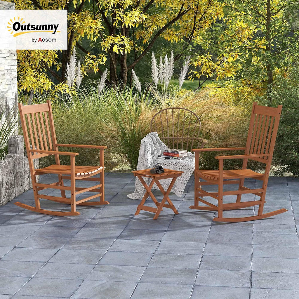 Outsunny Outdoor Rocking Chair Set of 2 with Side Table, Patio Wooden Rocking Chair with Smooth Armrests, High Back for Garden, Balcony, Porch, Supports Up to 352 lbs, Teak