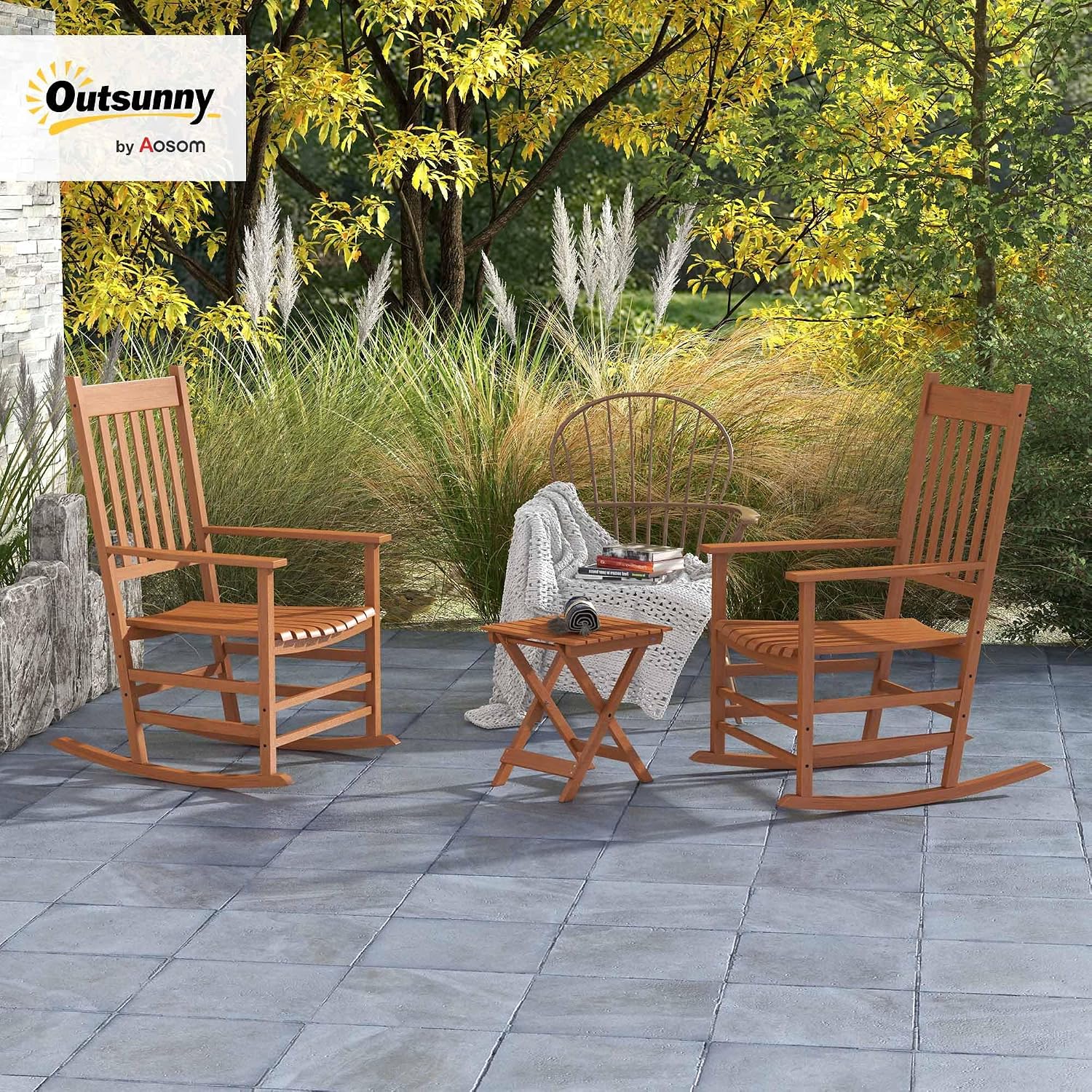 Outsunny Outdoor Rocking Chair Set of 2 with Side Table, Patio Wooden Rocking Chair with Smooth Armrests, High Back for Garden, Balcony, Porch, Supports Up to 352 lbs, Teak