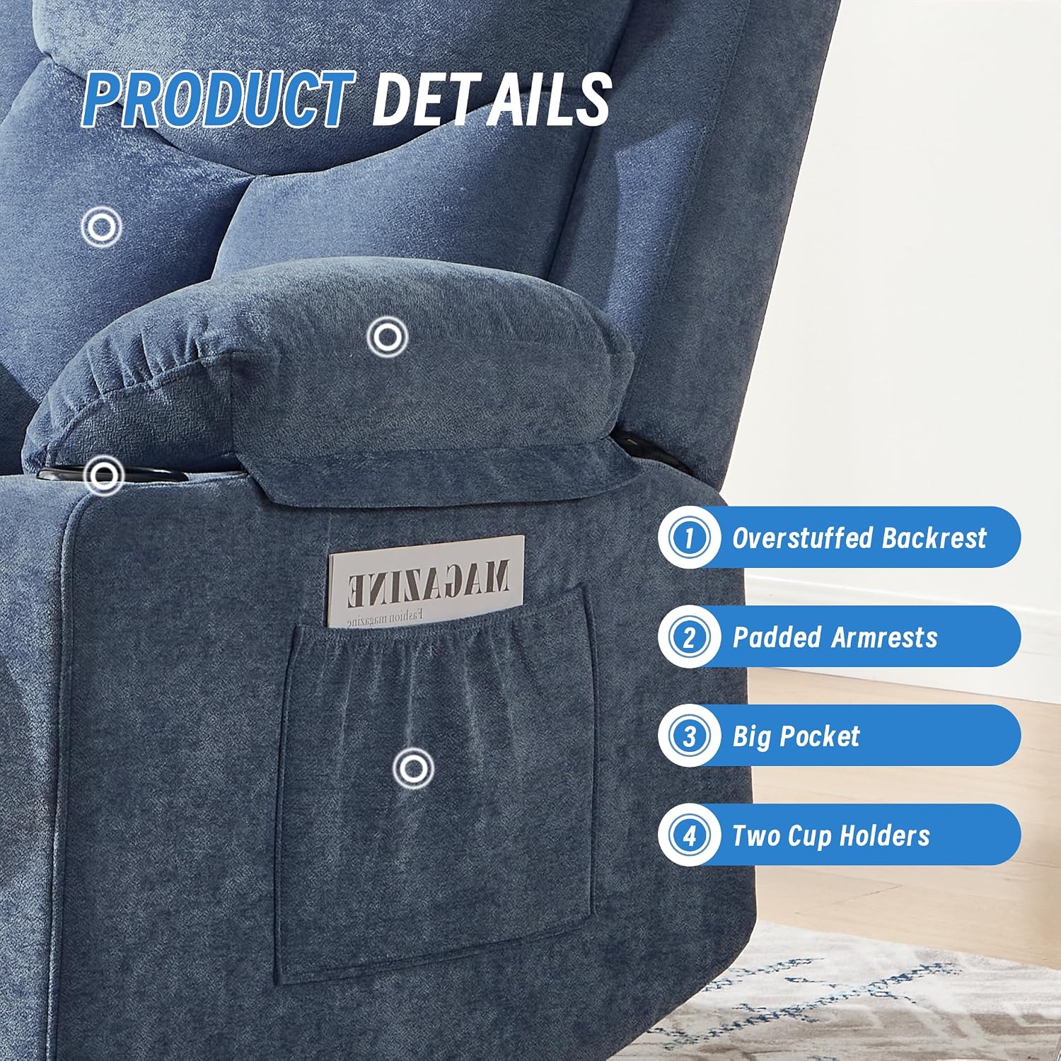 Manual Rocker Recliner Chair for Adults with Vibration Massage,Glider Rocking Recliner Chairs for Living Room Bedroom Overstuffed Reclining Sofa Chair with Pockets and Cup Holds (Navy Blue)