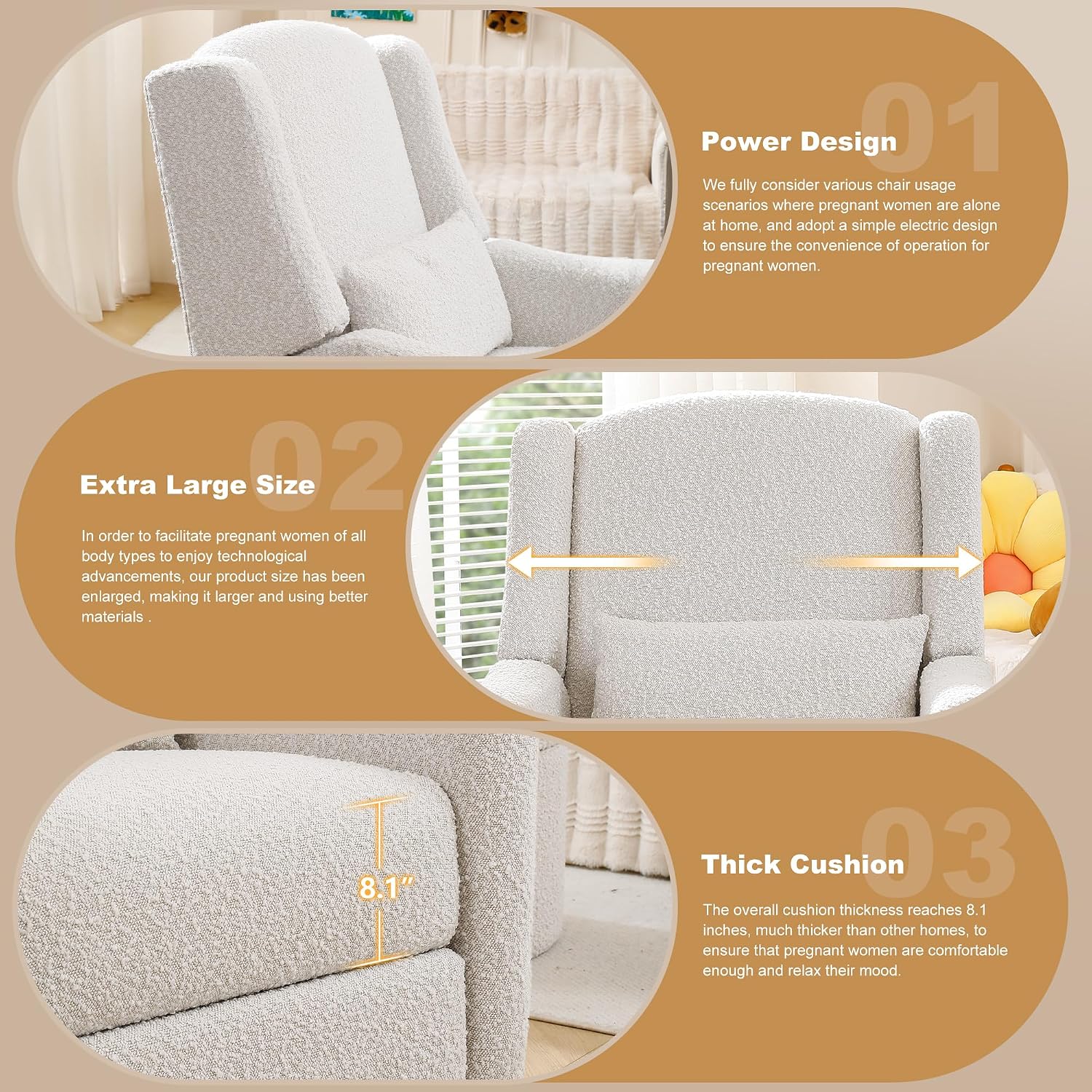 Power Recliner Chair Swivel Gilder Rocking Chairs Skin-Friendly Power Recliner Nursery Chair for Adults with Waist Pillow, USB Charging (Beige, Only Recliner Chair)