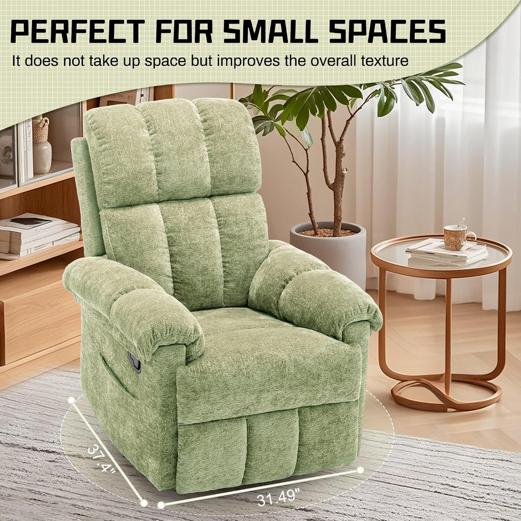 Korser Recliner Chair, Swivel Rocker Recliner Chair for Adults, Small Recliners for Small Spaces, Upholstered Manual Recliner with Side Pockets, Nursery Rocking Chair for Living Room, Chenille, Green