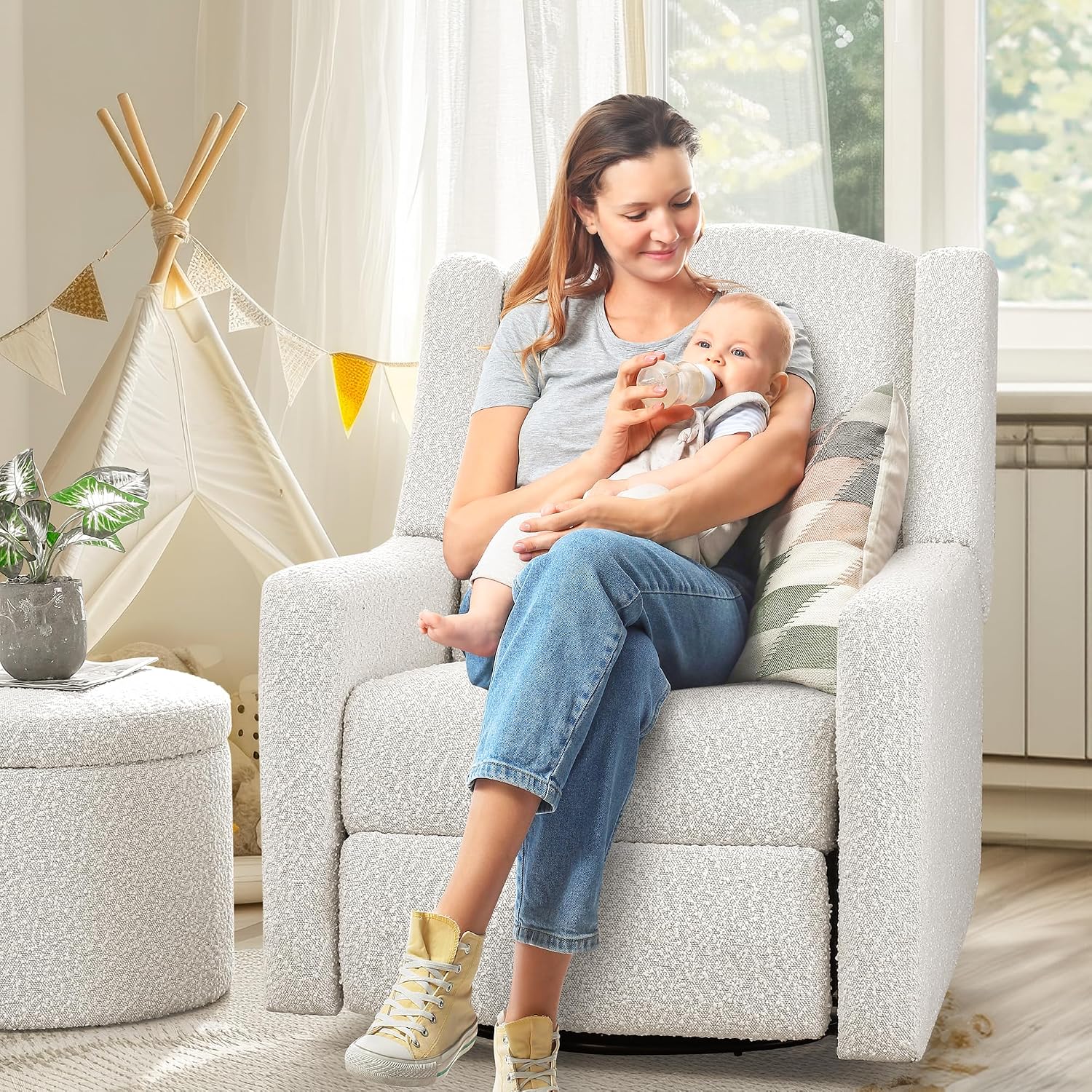 Power Recliner Chair Swivel Gilder Rocking Chairs Skin-Friendly Power Recliner Nursery Chair for Adults with Waist Pillow, USB Charging (Beige, Only Recliner Chair)