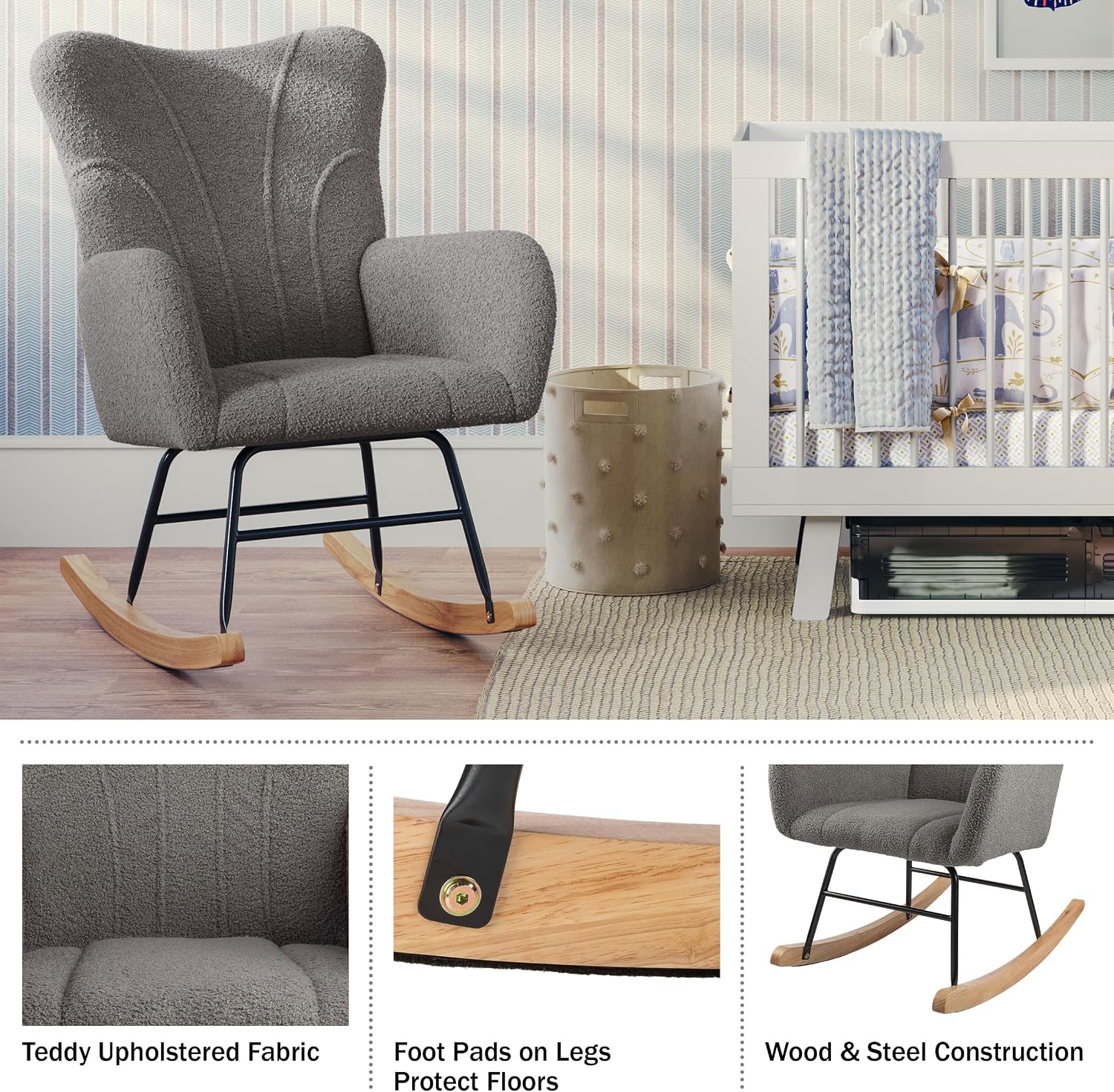 Rocking Chair - Teddy Fabric Upholstered Chair with Padded Seat and Contoured Armrests - Ergonomic Modern Rocker for Bedroom by Lavish Home (Gray)