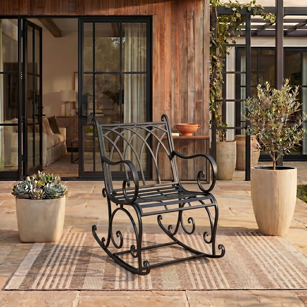 SAFAVIEH Outdoor - Medrano Iron Rocking Chair - Black Rust Iron Metal - Vintage Ornate Scrollwork Design - Ideal for Patio, Deck, Porch, Garden, 15' Seat Height (PAT5030E)