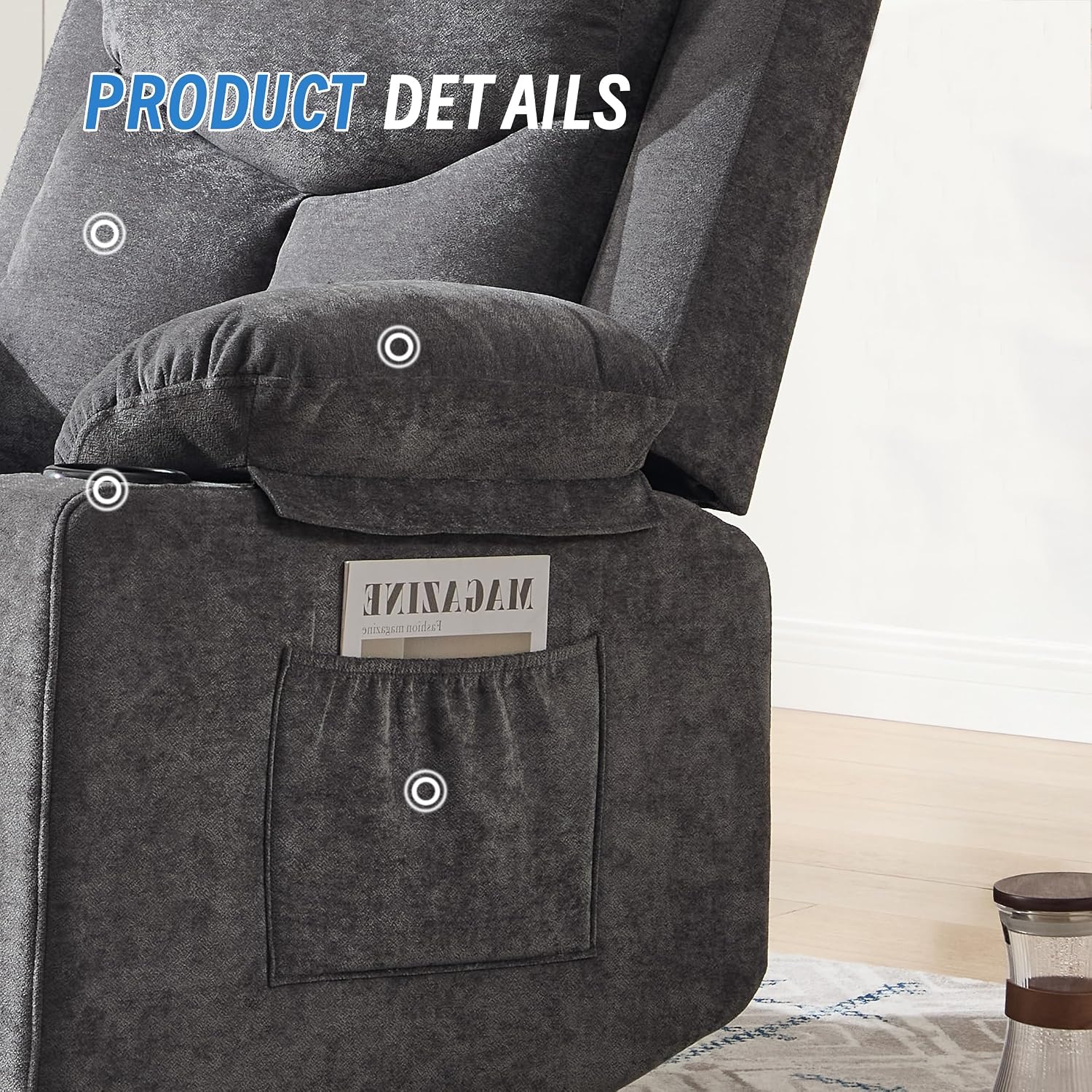 Manual Rocker Recliner Chair for Adults with Vibration Massage,Glider Rocking Recliner for Living Room Bedroom Nursery, Overstuffed Reclining Sofa Chair with Pockets and Cup Holds,Dark Grey