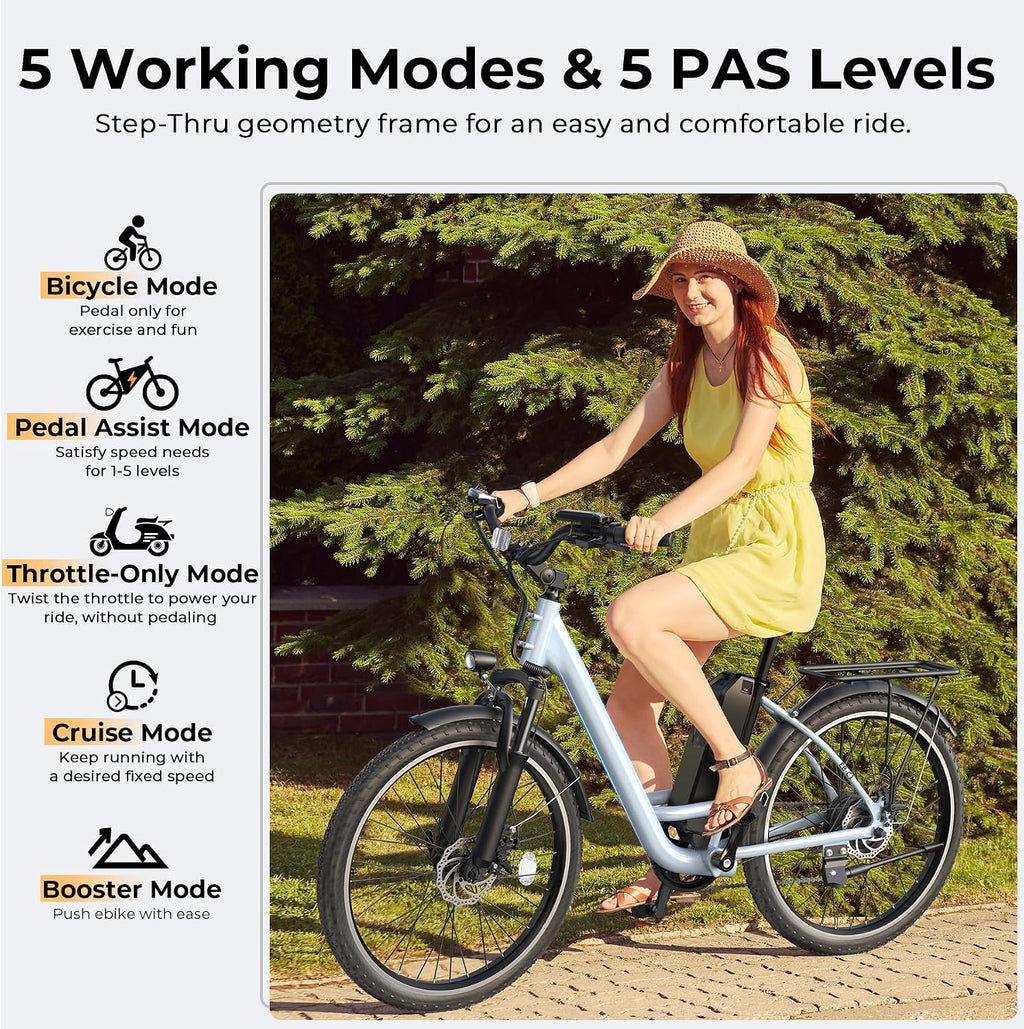 Electric Bike for Adults, Peak 1000W Ebike, 50Miles 20MPH UL 2849 Certified Commuter Bike, 26'' City Cruiser Bicycle with 48V Removable Battery, Rear Rack, Adjustable Stem, 7 Speed