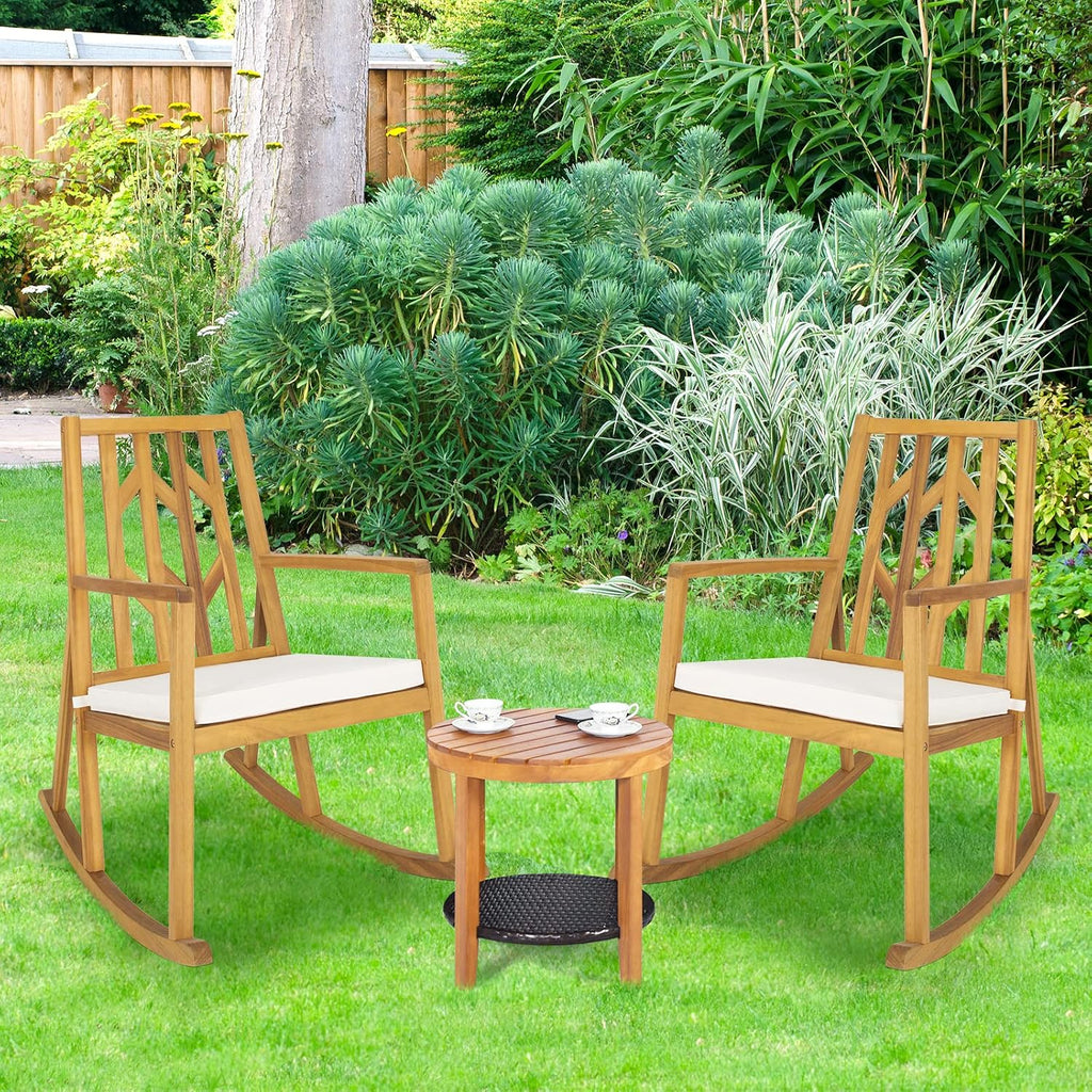 Tangkula 2 Pieces Acacia Wood Patio Rocking Chair, Outdoor Porch Rocker W/Removable High-Density Cushion, All-Weather Resistance, Perfect for Garden, Backyard, Poolside