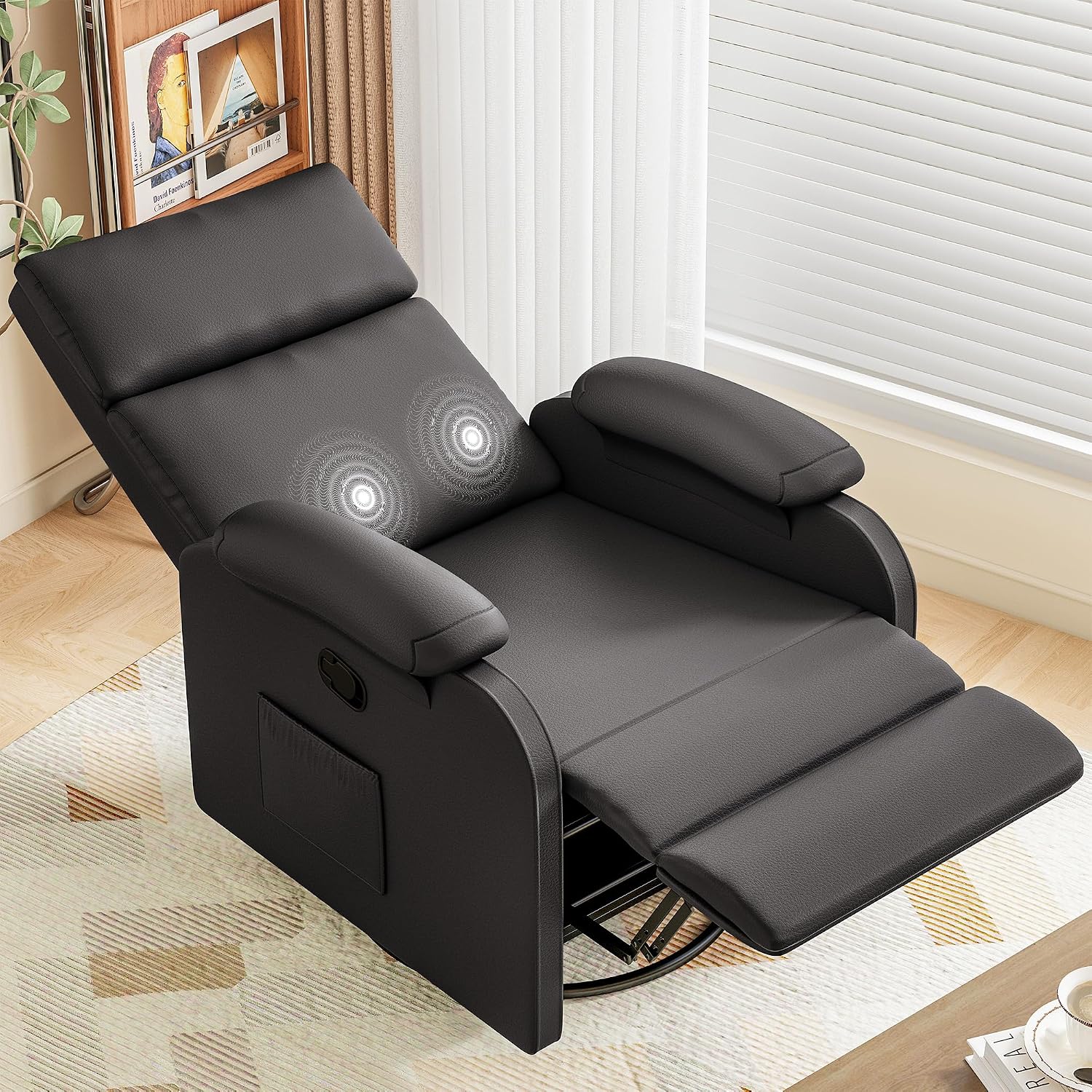 Homall Recliner Chair, 360 Swivel Rocking Chair for Adults, Massage Nursery Chair with Adjustable Backrest and Footrest, PU Leather Glider Rocker Recliners with Side Pocket for Living Room (Black)
