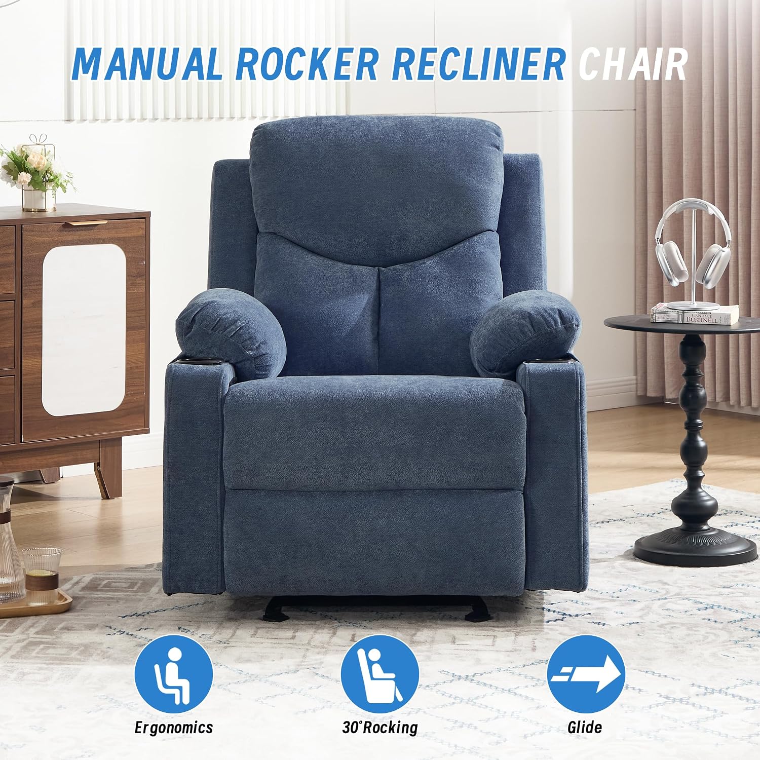 Manual Rocker Recliner Chair for Adults with Vibration Massage,Glider Rocking Recliner Chairs for Living Room Bedroom Overstuffed Reclining Sofa Chair with Pockets and Cup Holds (Navy Blue)