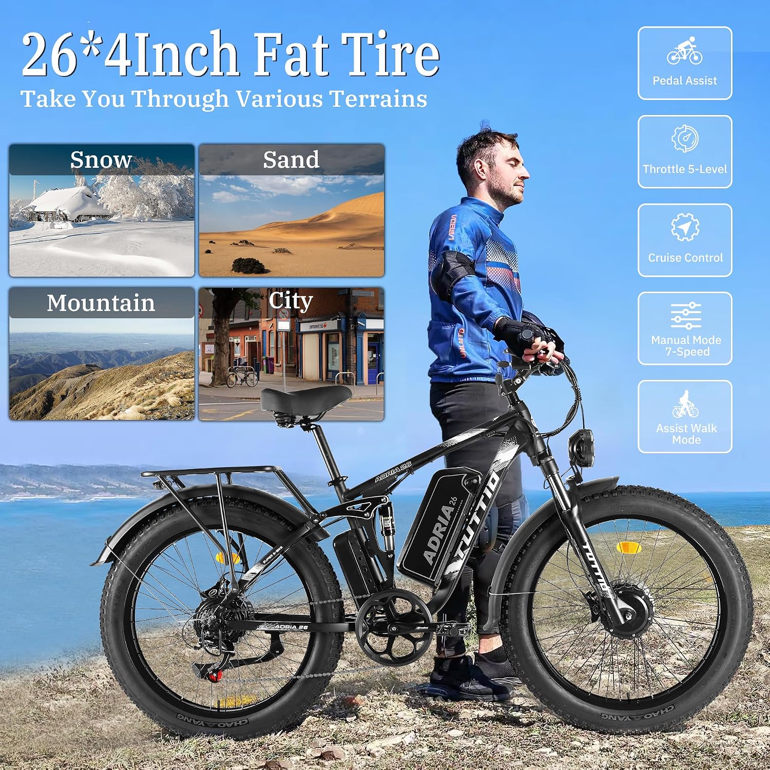 TUTTIO Adria26 5000W/6000W Dual Motor Ebike, 40-46MPH Electric Bike for Adults, 26' x 4' Fat Tire Electric Mountain Bike, 52V 25AH E-Bike Full Suspension Electric Dirt Bike for Off-Road Hunting
