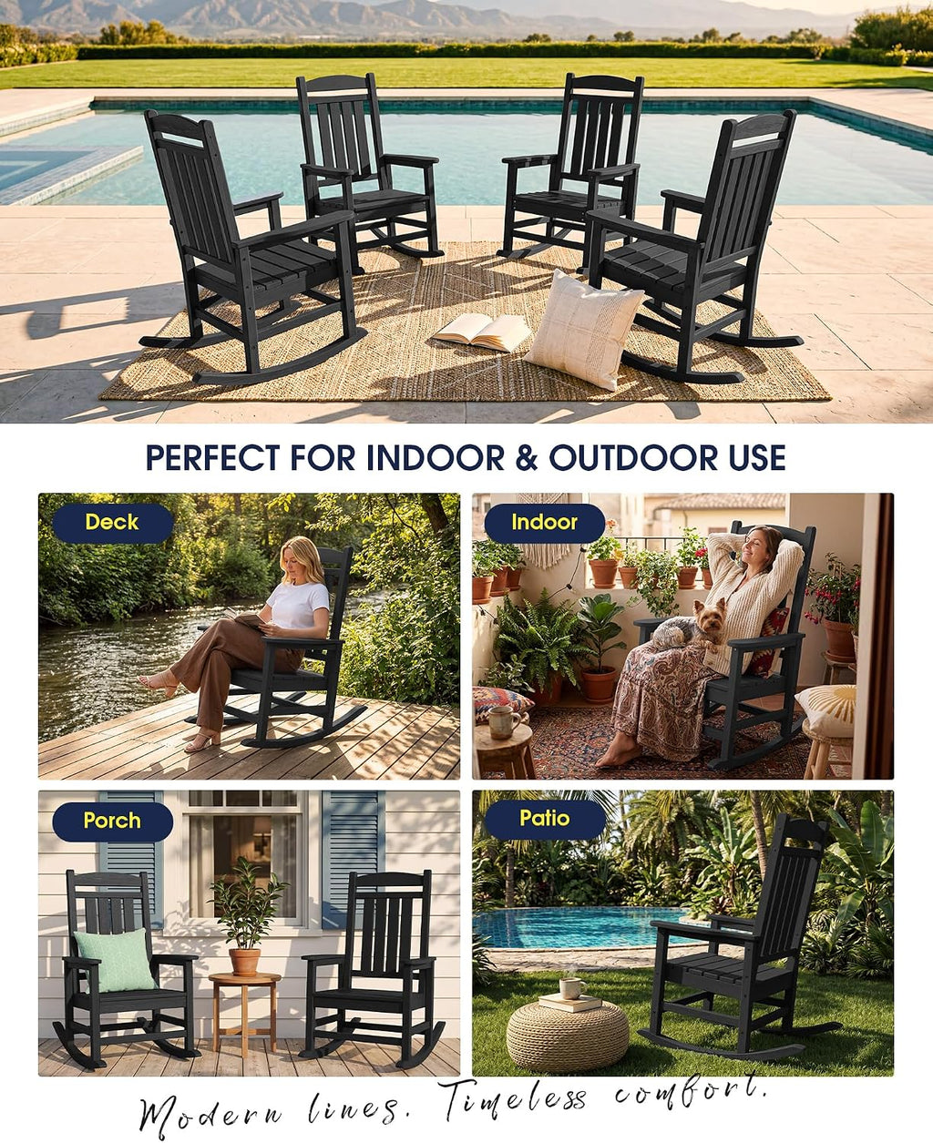KINGYES Oversized Outdoor Rocking Chairs, HDPE All-Weather Patio Rocking Chairs High Back Porch Rocker for Adult, Black