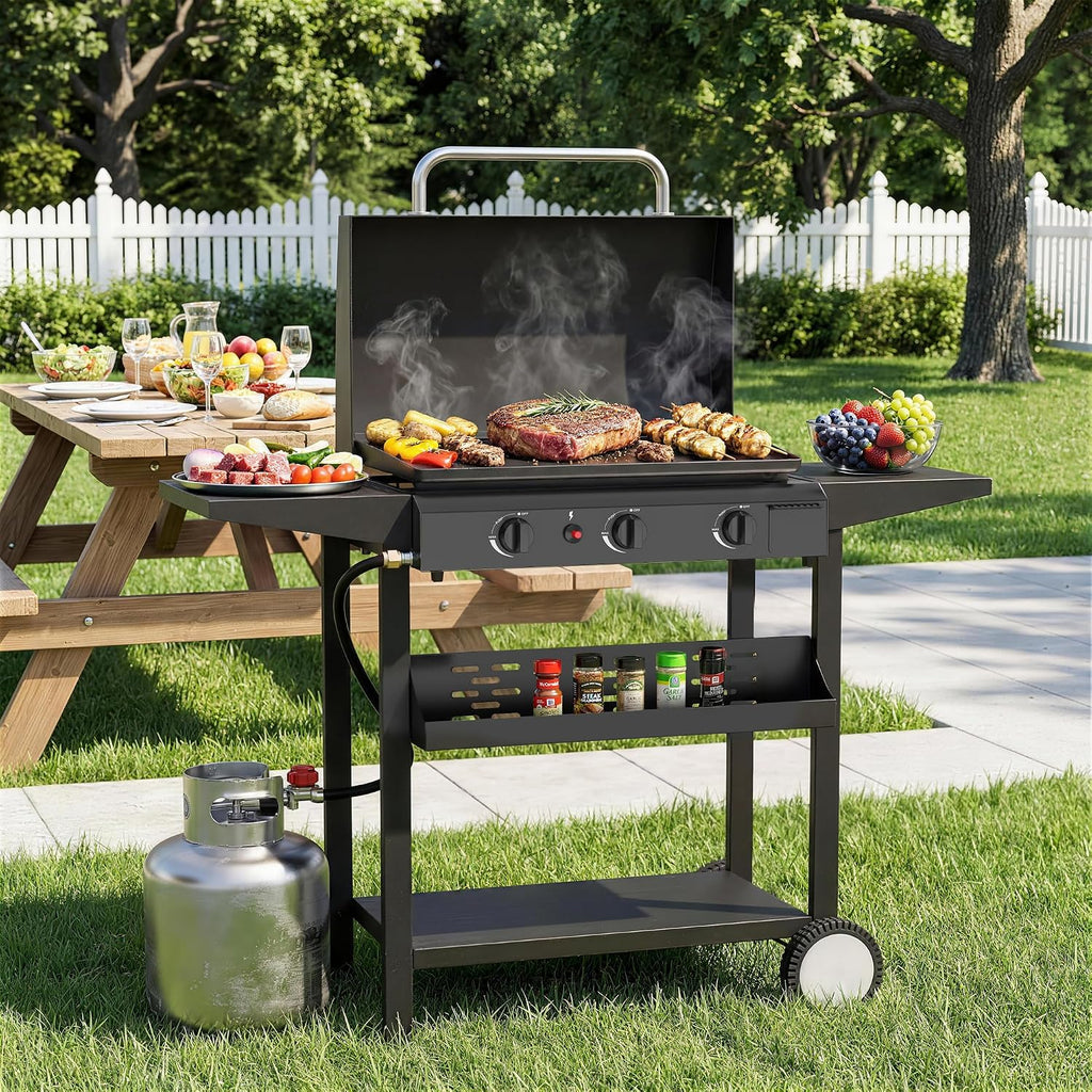3 Burner BBQ Gas Griddle with Hood, 25.6 Inch Stainless Steel Portable Detachable Propane Griddle, 45,000 BTU Flat Top Barbecue Grill with Side Shelves for Camping