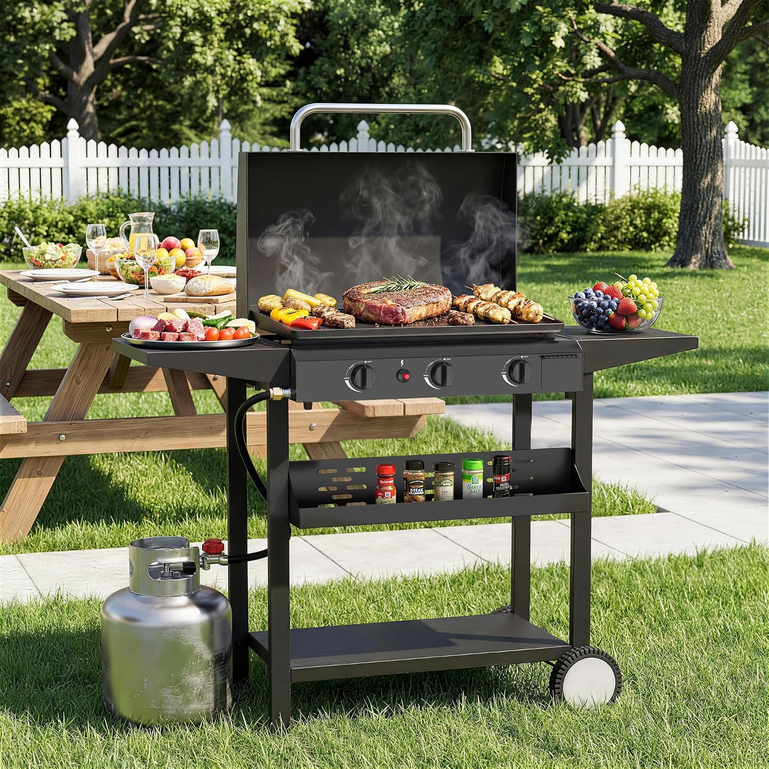 3 Burner BBQ Gas Griddle with Hood, 25.6 Inch Stainless Steel Portable Detachable Propane Griddle, 45,000 BTU Flat Top Barbecue Grill with Side Shelves for Camping