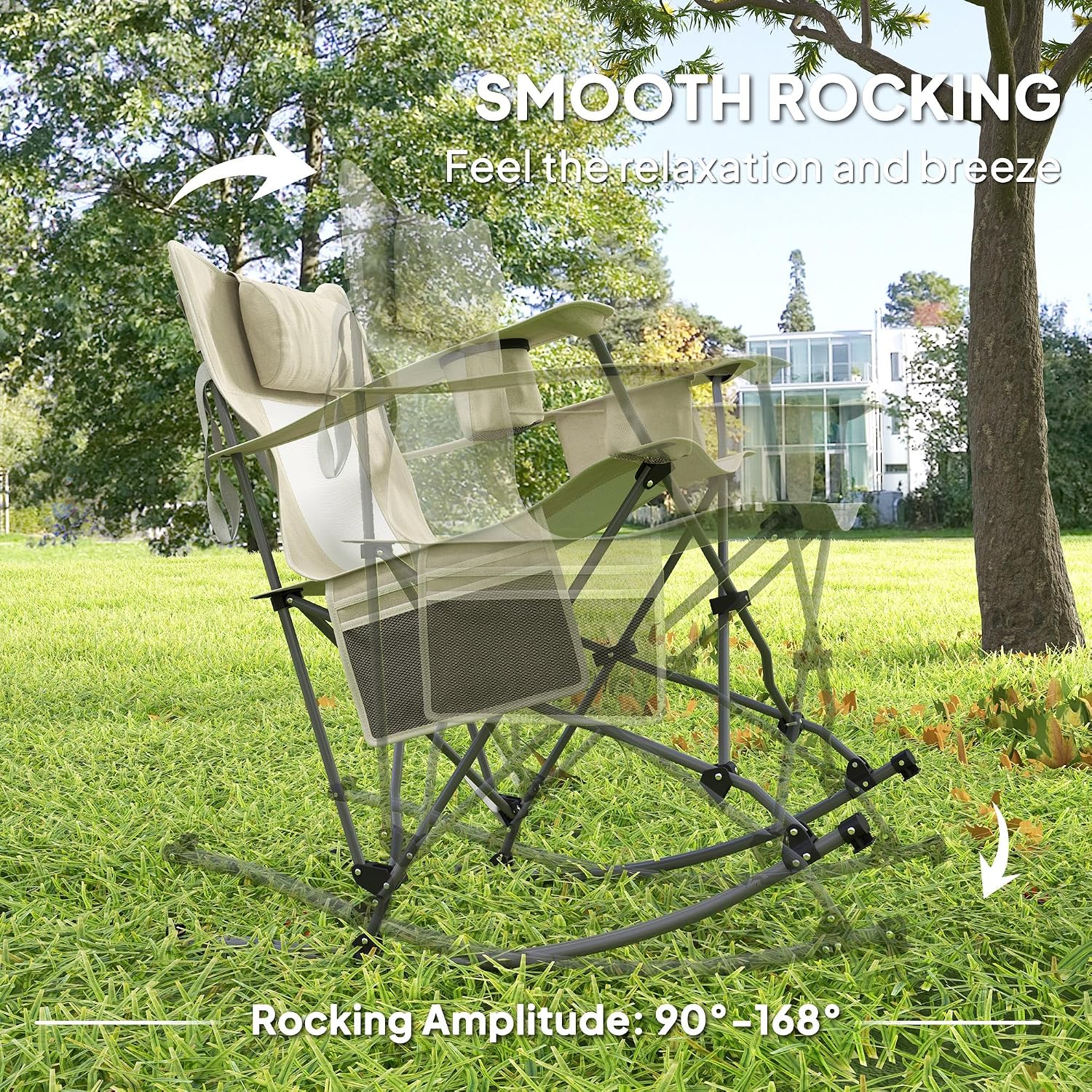 Outsunny Folding Rocking Camping Chairs for Adults, Portable Outdoor Rocking Chairs with Headrest, Cooler Bag, Cup Holder, Carry Bag for Picnic Outside and Outdoor Travel, 2 Pack, Cream