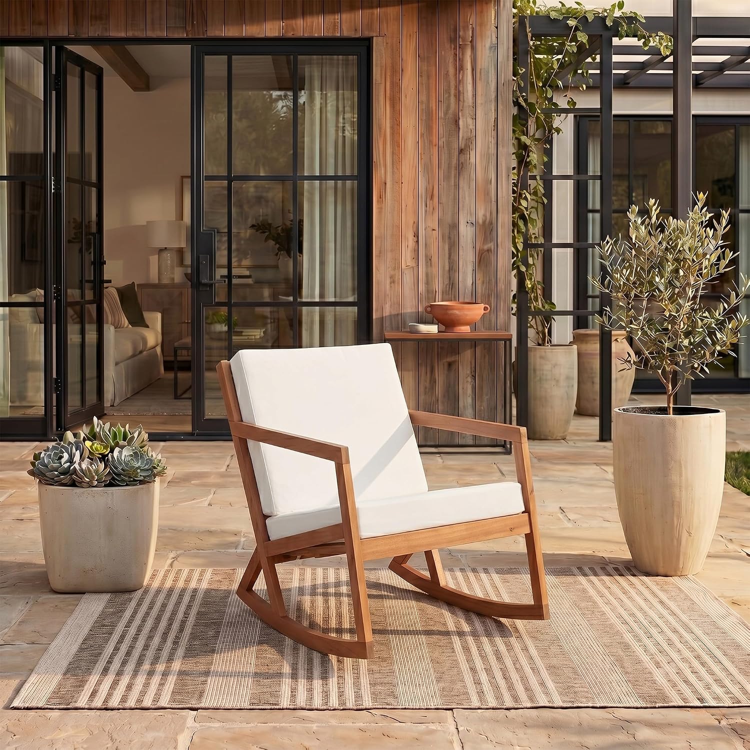 SAFAVIEH Outdoor - Vernon Rocking Chair - Natural & Beige - Solid Wood with Cushion - Shaker-Inspired Slatted Design - Ideal for Patio, Deck, Porch, Backyard, 24.6' Seat Height (PAT7013A)