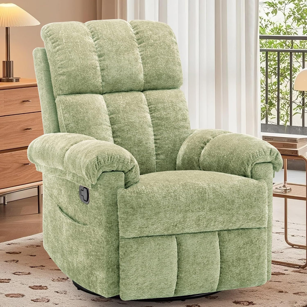 Korser Recliner Chair, Swivel Rocker Recliner Chair for Adults, Small Recliners for Small Spaces, Upholstered Manual Recliner with Side Pockets, Nursery Rocking Chair for Living Room, Chenille, Green