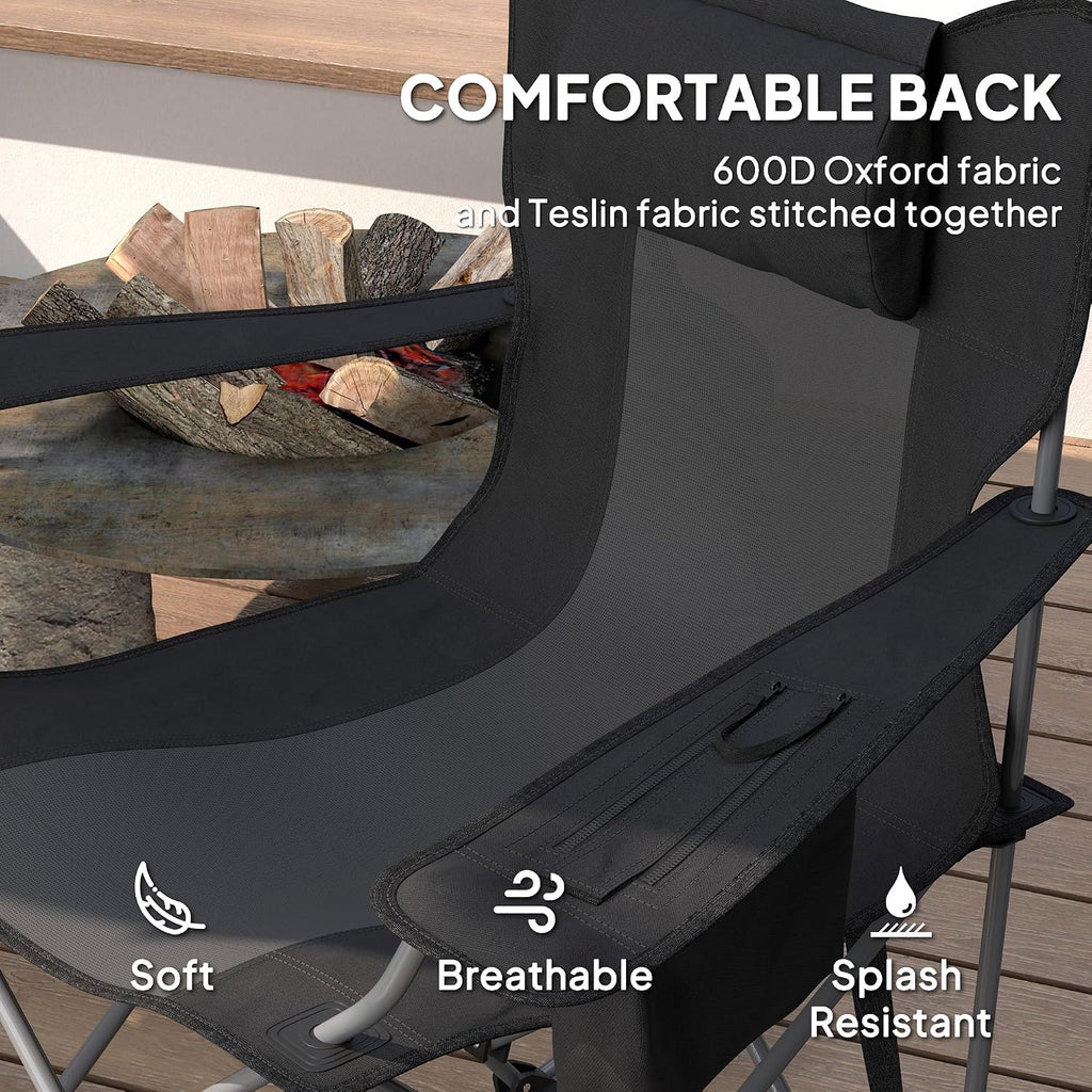 Outsunny Folding Rocking Camping Chairs for Adults, Portable Outdoor Rocking Chairs with Headrest, Cooler Bag, Cup Holder, Carry Bag for Picnic Outside and Outdoor Travel, 2 Pack, Black