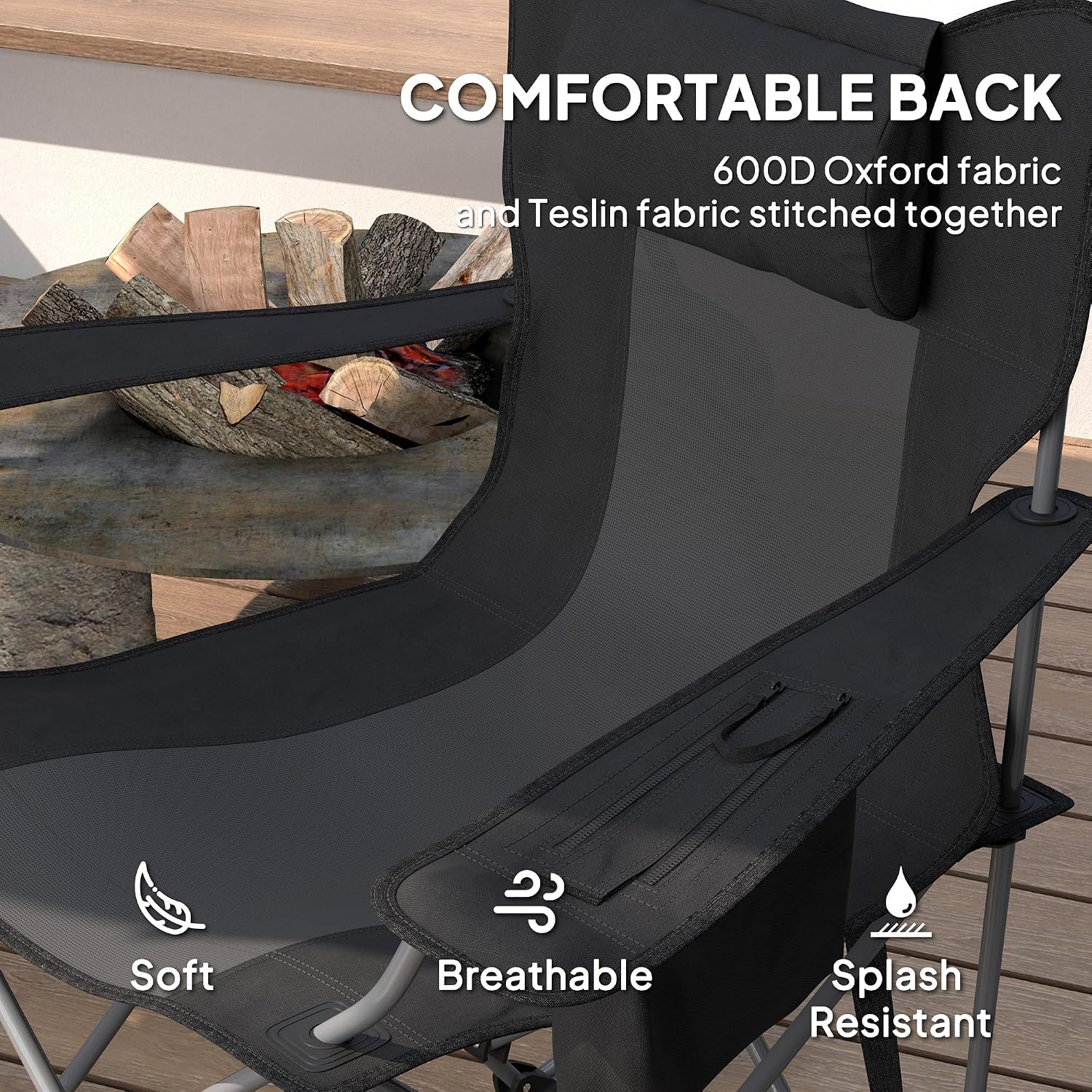 Outsunny Folding Rocking Camping Chairs for Adults, Portable Outdoor Rocking Chairs with Headrest, Cooler Bag, Cup Holder, Carry Bag for Picnic Outside and Outdoor Travel, 2 Pack, Black