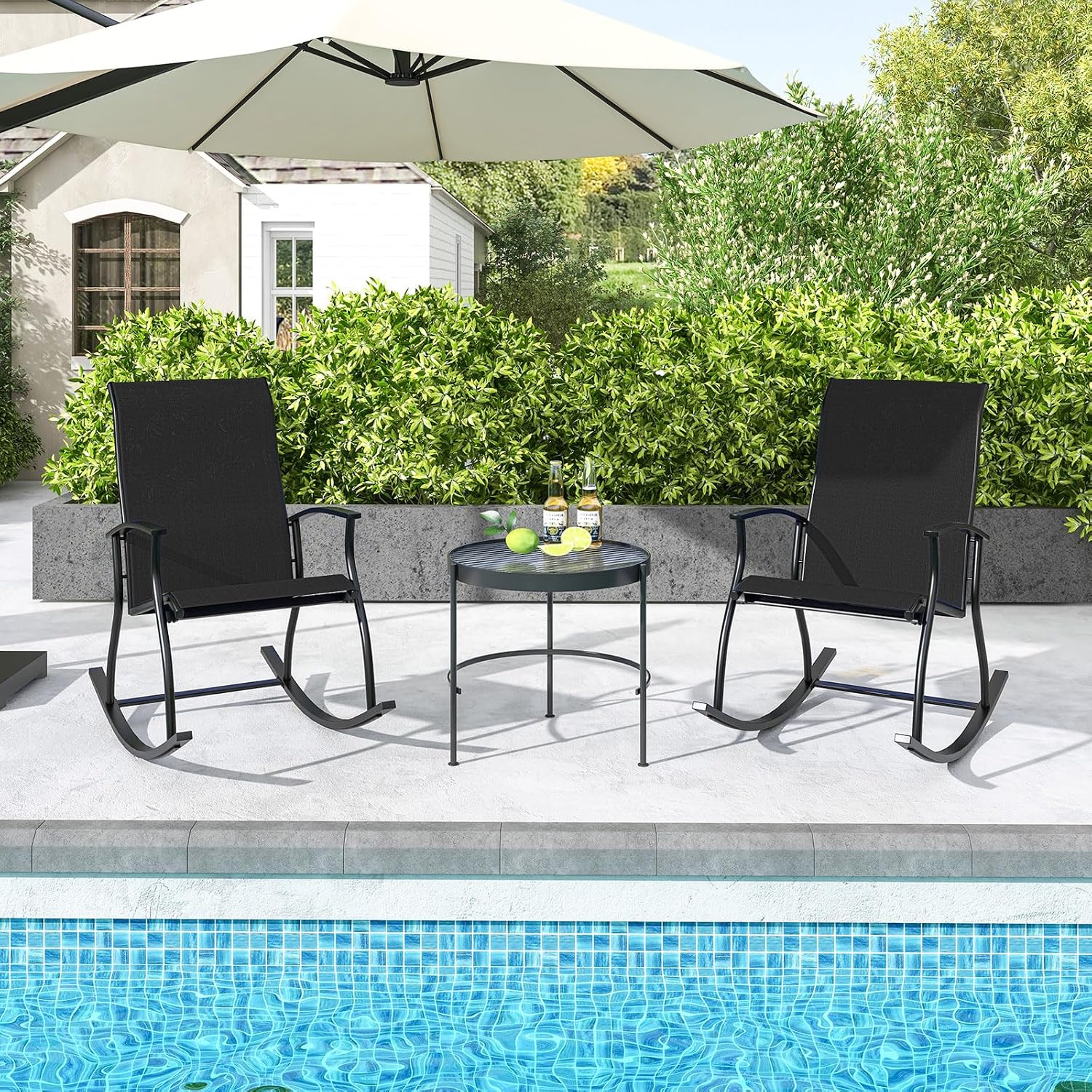 Giantex Outdoor Rocking Chair Set of 2 - Patio Rocking Chairs w/Breathable Backrest, Sturdy Metal Frame & Safe Ergonomic Design, Cozy Fabric Rocker for Backyard, Poolside, 330 lbs, Black