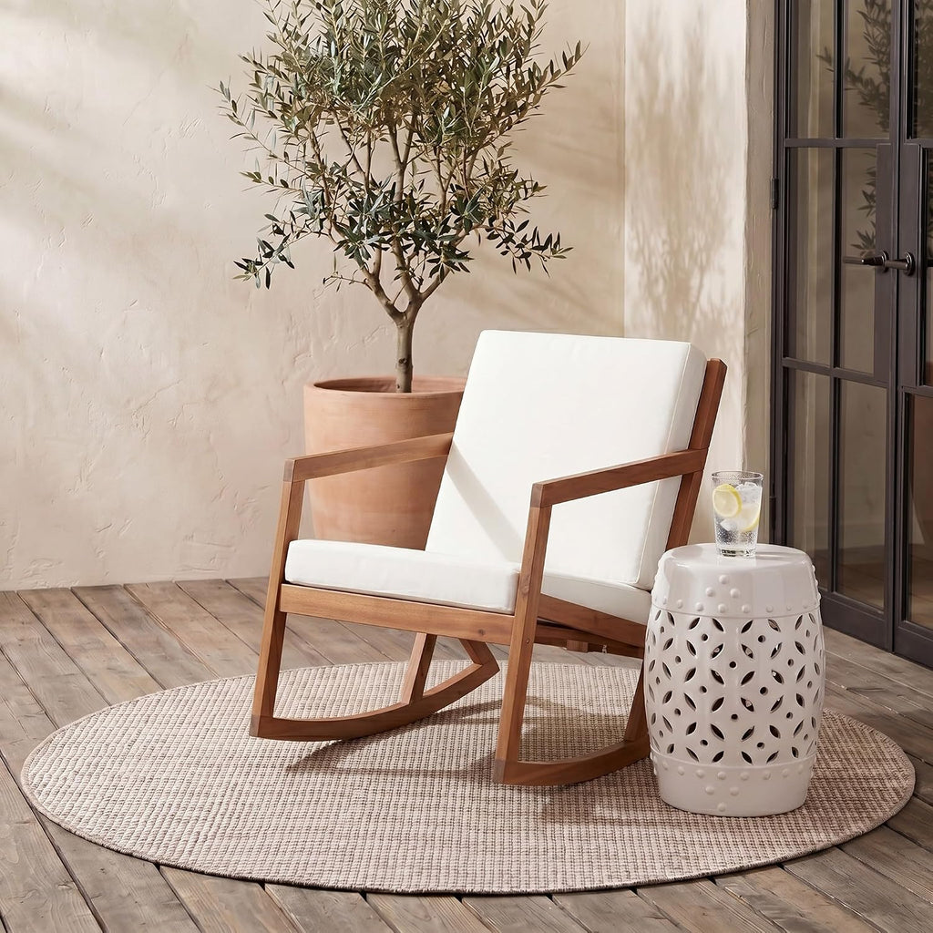 SAFAVIEH Outdoor - Vernon Rocking Chair - Natural & Beige - Solid Wood with Cushion - Shaker-Inspired Slatted Design - Ideal for Patio, Deck, Porch, Backyard, 24.6' Seat Height (PAT7013A)