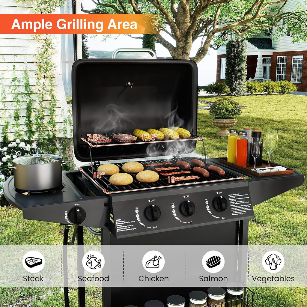 Happygrill 3 + 1 Burner Propane Gas Grill, 39,000 BTU Outdoor Cooking Grill w/Storage Shelves & Porcelain-Enameled Grates, Portable BBQ Grills on Wheels w/Thermometer for Backyard, Camping & Picnic