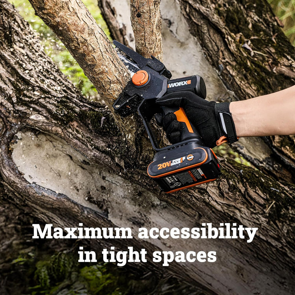 WORX Mini Chainsaw, 20V 6'' Pruning Saw with Brushless Motor, 33 ft/s Chain Speed, Only 3.49 lbs, Includes 20V 2.0 Ah Battery and Charger, PowerShare