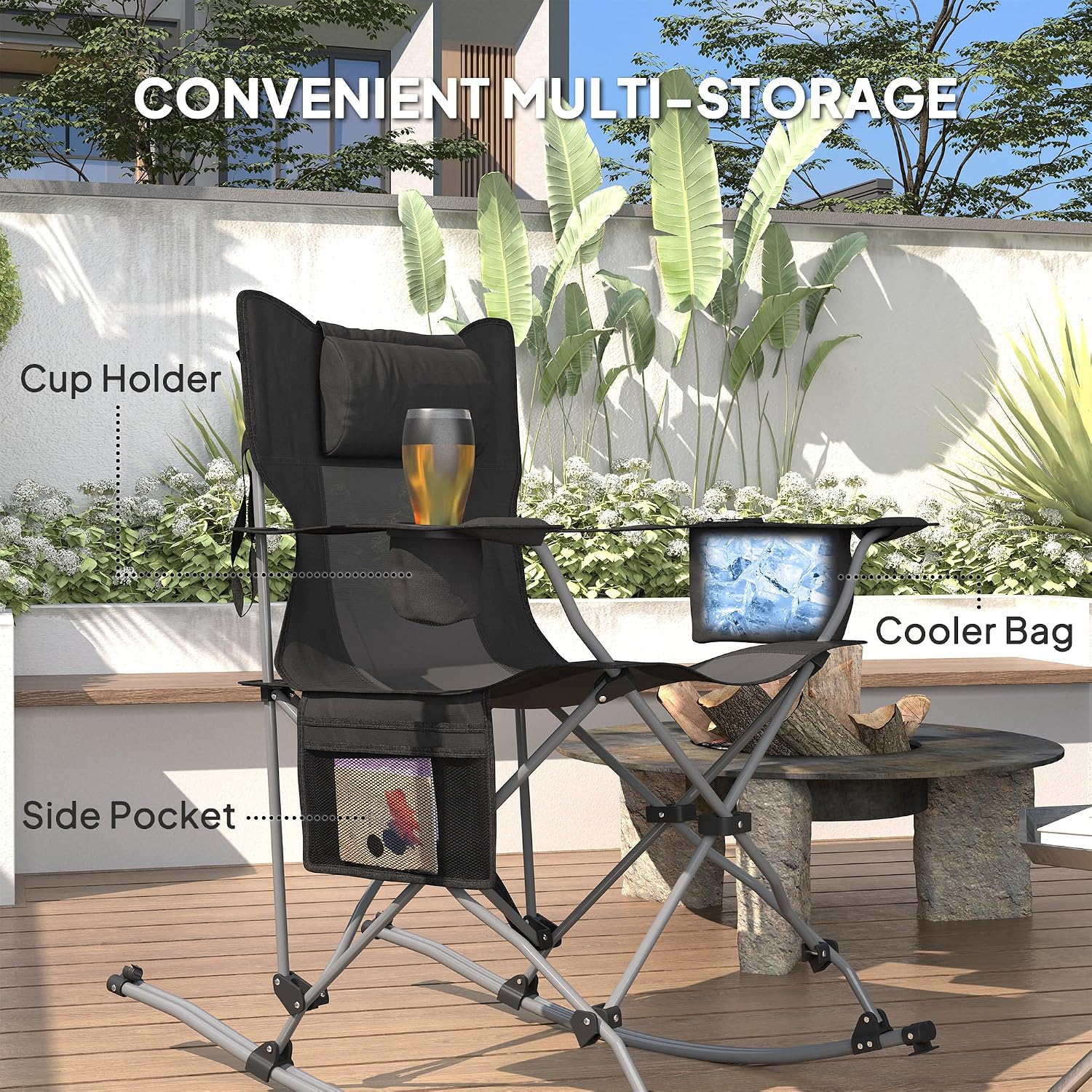 Outsunny Folding Rocking Camping Chairs for Adults, Portable Outdoor Rocking Chairs with Headrest, Cooler Bag, Cup Holder, Carry Bag for Picnic Outside and Outdoor Travel, 2 Pack, Black