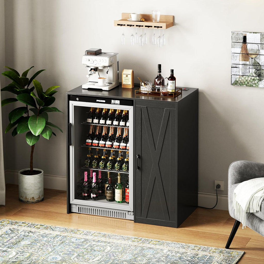 Herture Mini Fridge Cabinet with Storage, Coffee Bar Cabinet with Power Outlet, Fits 24' Wine Fridge, 3-Tier Organizer, Refrigerator Stand for Kitchen, Apartment, or Home Bar Black KH01MRB