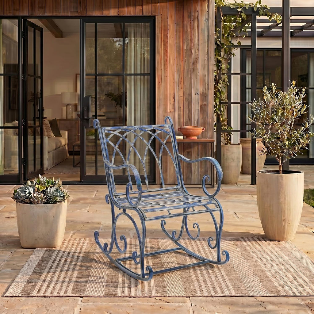 SAFAVIEH Outdoor - Medrano Iron Rocking Chair - Mossy Blue Iron Metal - Vintage Ornate Scrollwork Design - Ideal for Patio, Deck, Porch, Garden, 15' Seat Height (PAT5030C)