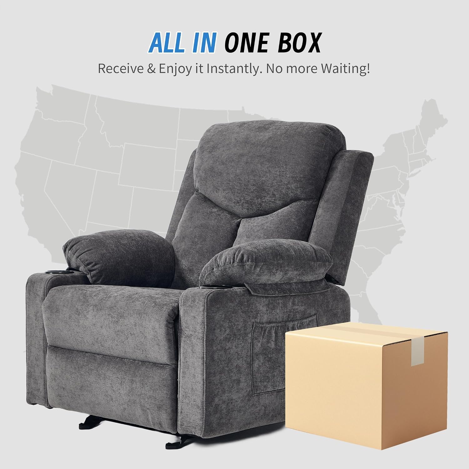 Manual Rocker Recliner Chair for Adults with Vibration Massage,Glider Rocking Recliner for Living Room Bedroom Nursery, Overstuffed Reclining Sofa Chair with Pockets and Cup Holds,Dark Grey