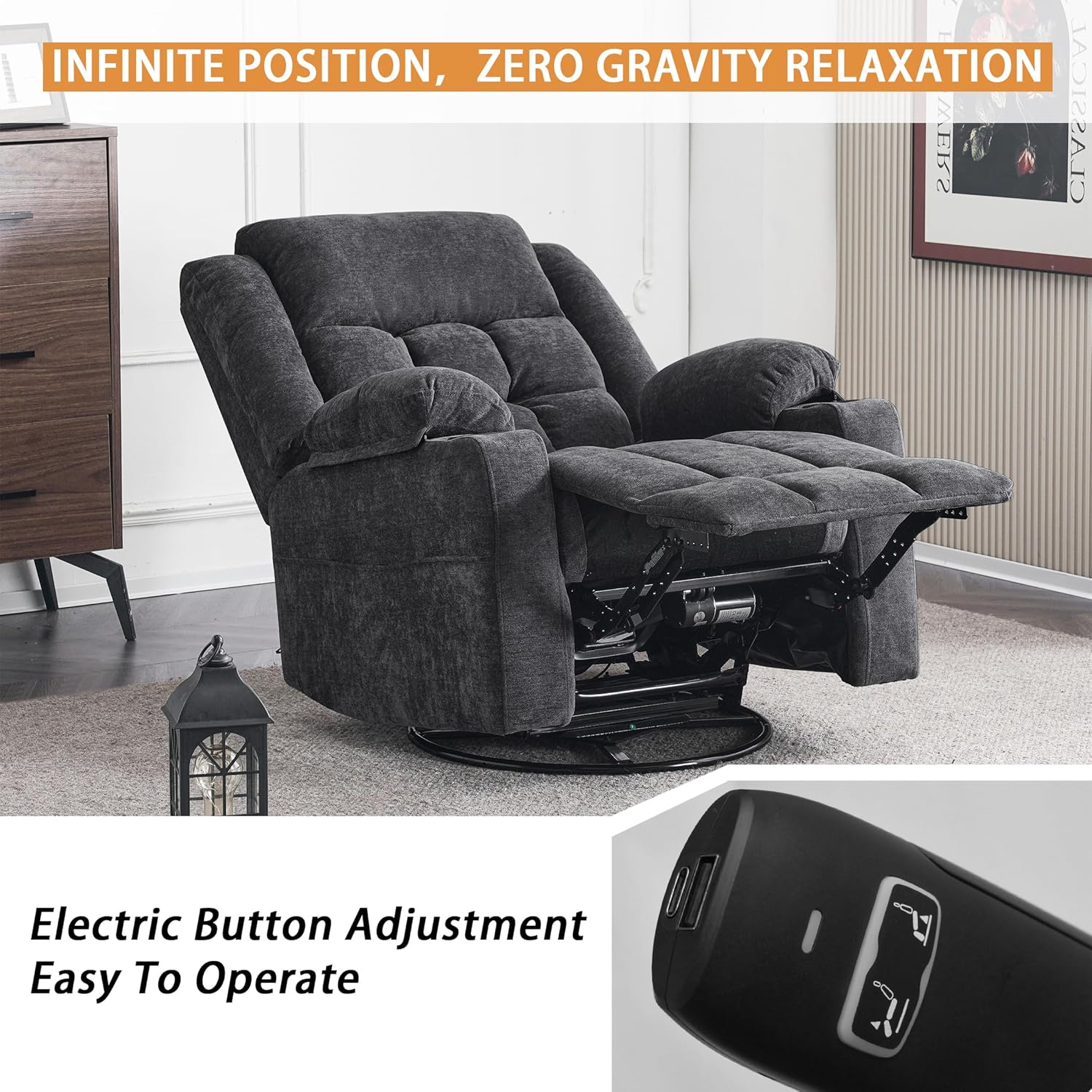 Ketaiyou Power Swivel Rocker Recliner Chair for Adults with Massage and Heat, USB and Type-C Ports, Infinite Position, Electric Glider Reclining Single Sofa Chair for Living Room (Dk Gray)
