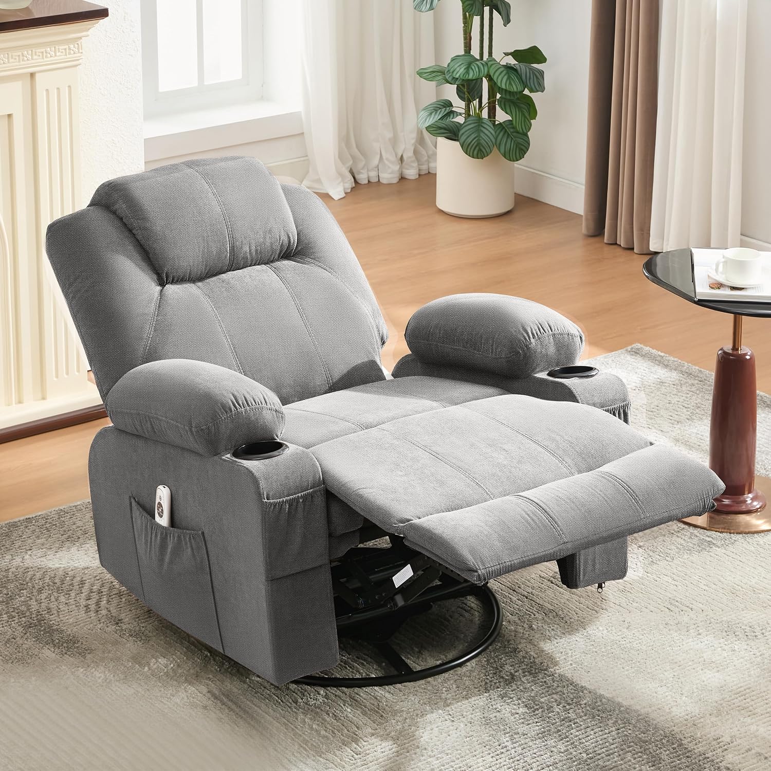 Weture Swivel Rocker Recliner Chair with Heat and Massage, Big Oversized Rocking Single Sofa for Living Room, 360 Degree Swivel Recliner Chair with Cup Holders and USB Port (Fabric, Grey)
