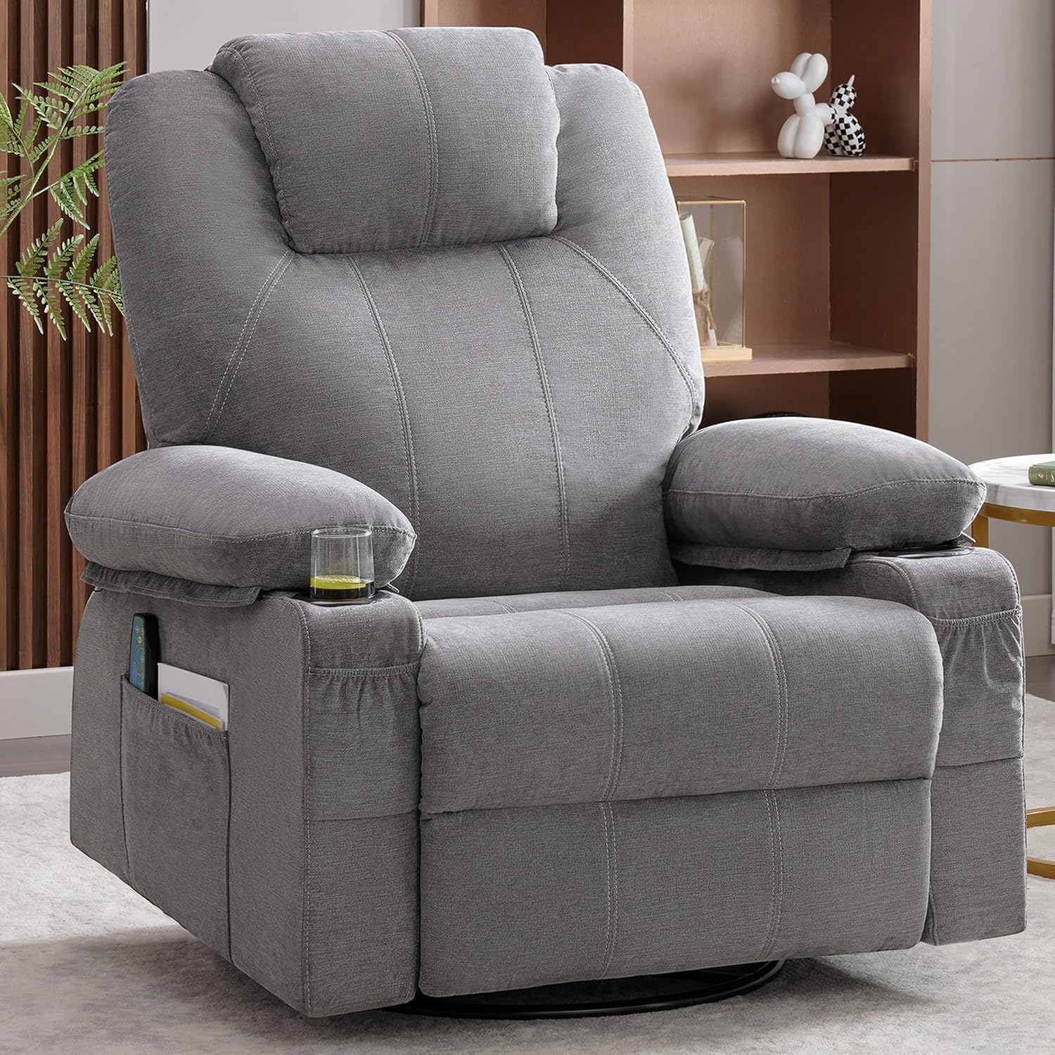Weture Swivel Rocker Recliner Chair with Heat and Massage, Big Oversized Rocking Single Sofa for Living Room, 360 Degree Swivel Recliner Chair with Cup Holders and USB Port (Fabric, Grey)