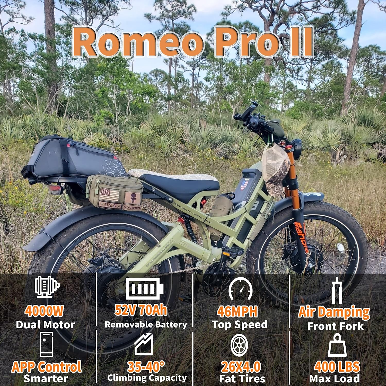 2026 eAhora Romeo Pro 3 Electric Bike for Adult, Peak 5600W Dual Motor, 50mph, 60V 80Ah Battery, 250 Miles Long Range, 26'*4.0 Fat Tire, Air Suspension, App, Commute, Delivery, All-terrian