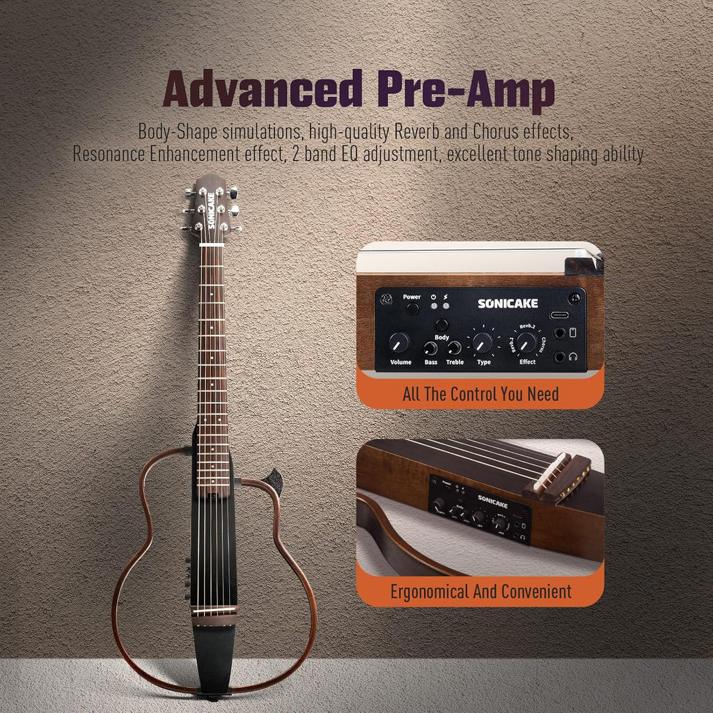 SONICAKE Acoustic Electric Travel Guitar, Portable Practice Guitar Kit, Solid Mahogany Body, Easy Assemble Frames, Multi Body-Shape Sim Rechargeable Preamp, Gig Bag, All Accessories QGT-01