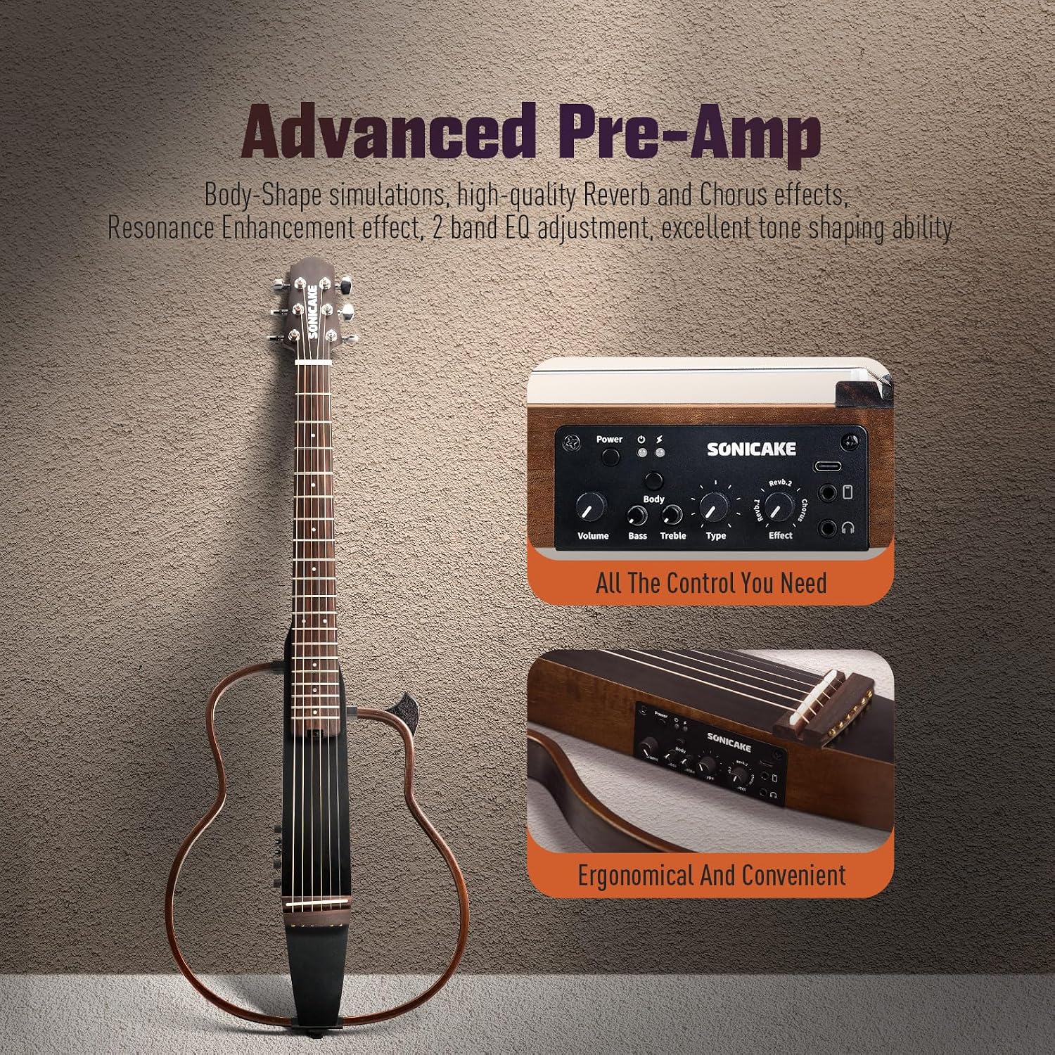SONICAKE Acoustic Electric Travel Guitar, Portable Practice Guitar Kit, Solid Mahogany Body, Easy Assemble Frames, Multi Body-Shape Sim Rechargeable Preamp, Gig Bag, All Accessories QGT-01