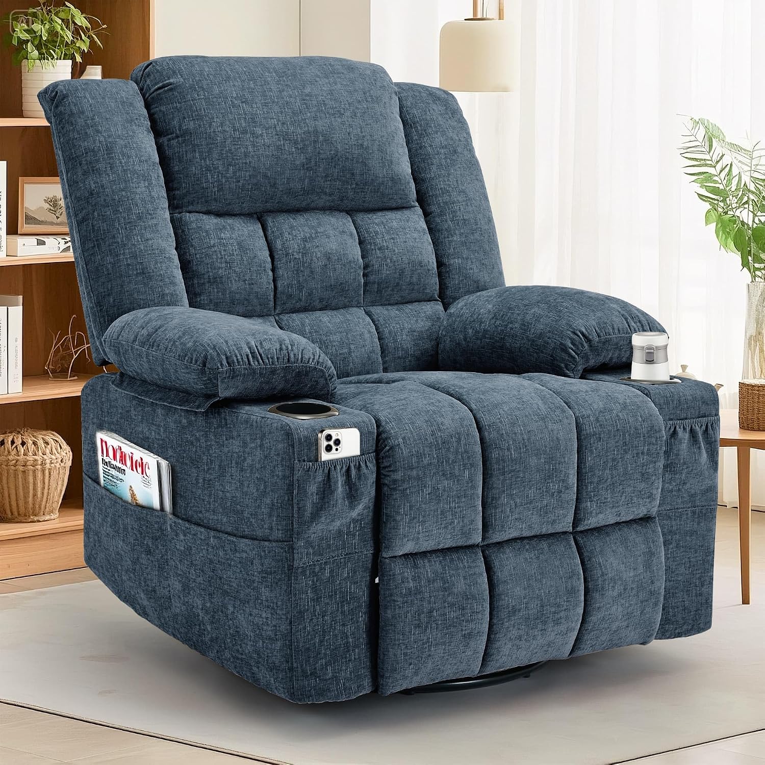 Korser 360° Swivel Rocker Recliner for Adults, Nursery Glider Recliner with Massage and Heating, Rocking Chair with Cup Holder, Manual Recliner Chair for Living Room, Bedroom (Fabric, Blue)