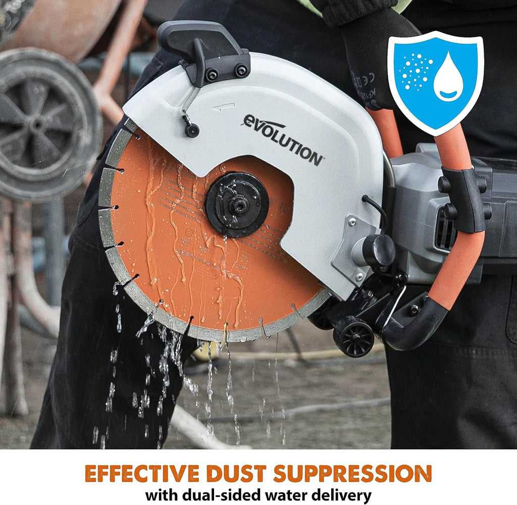 Evolution R12DCT 12 Inch Concrete Saw with Water Fed Dust Suppression (Aka Angle Grinder, Cut Off Saw, Masonry) Electric, No Gas, 4-1/2' Cut - Incl Premium Diamond Blade (Formerly R300DCT+)