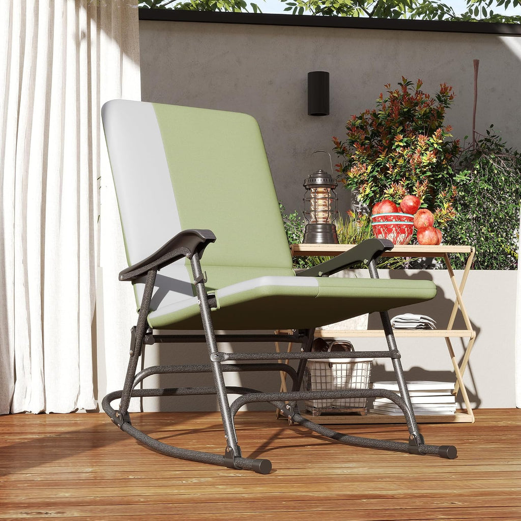 Outsunny Folding Outdoor Rocking Chairs Set of 2, Oversized Outdoor Rocking Camping Chair with 400 lbs. Capacity, Wide Seat, Padded High Back for Patio, Porch, Garden, Dark Green