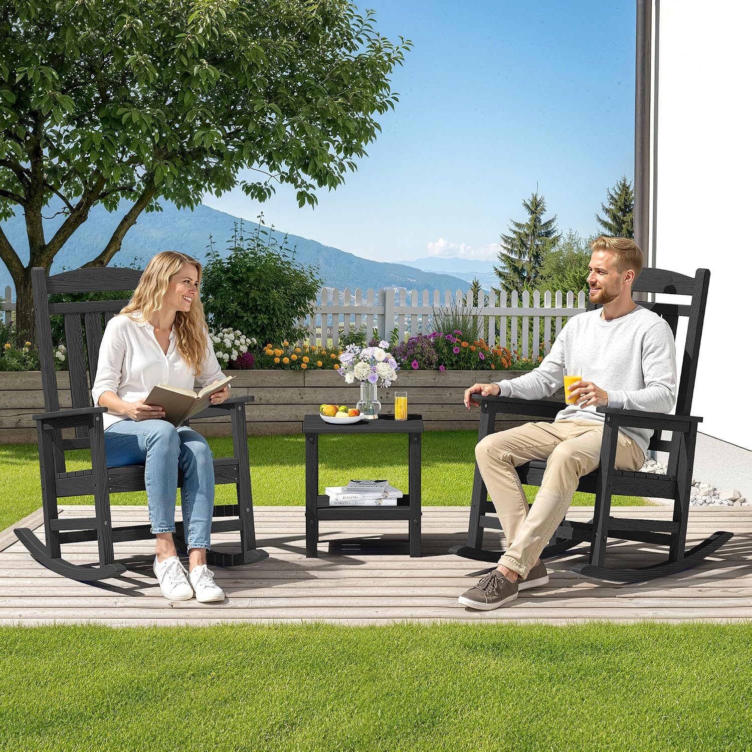 SERWALL Oversized HDPE Outdoor Rocking Chair Set of 2, Patio Rocking Chairs, All-Weather Porch Rockers for Adults, Black