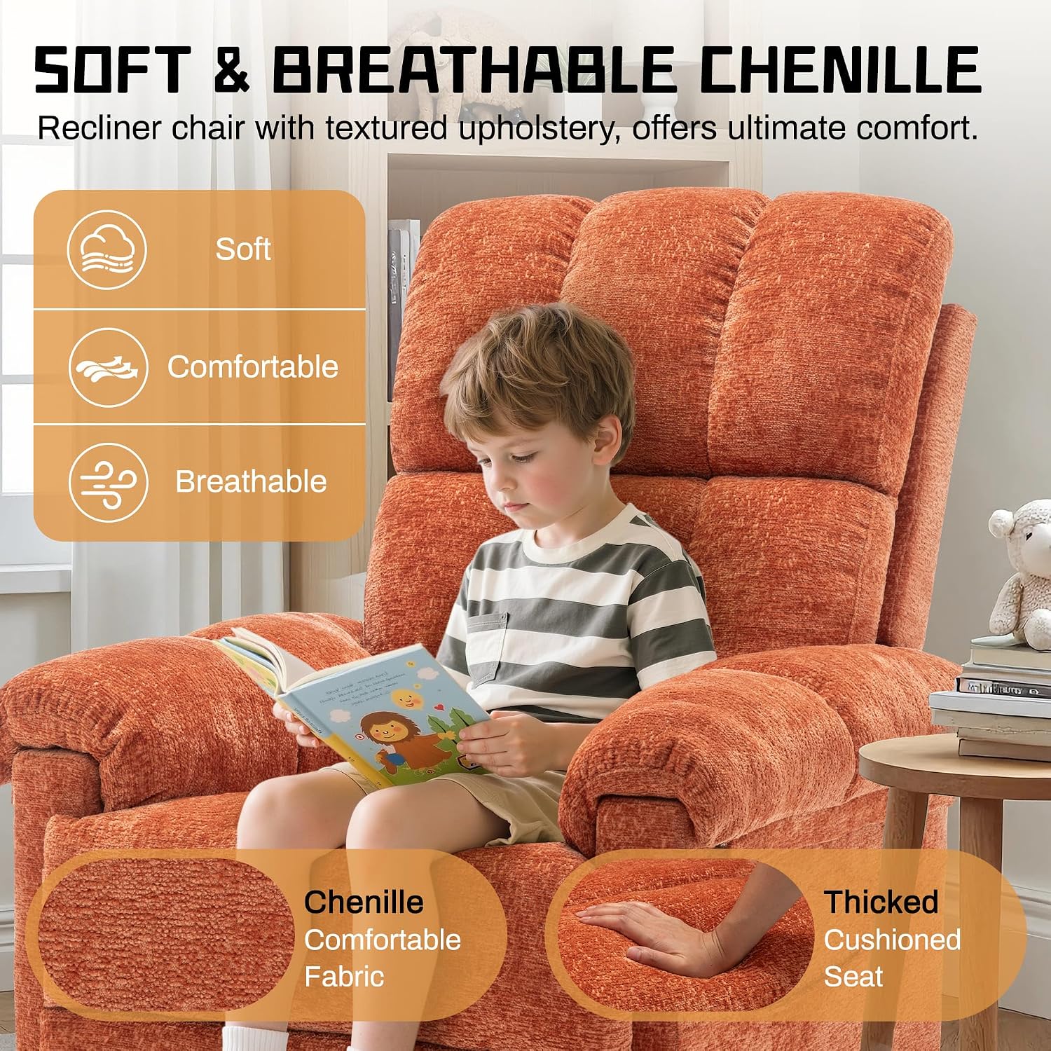 Korser Recliner Chair, Swivel Rocker Recliner Chair for Adults, Small Recliners for Small Spaces, Manual Recliner with Side Pockets, Upholstered Nursery Rocking Chair for Living Room, Chenille, Orange