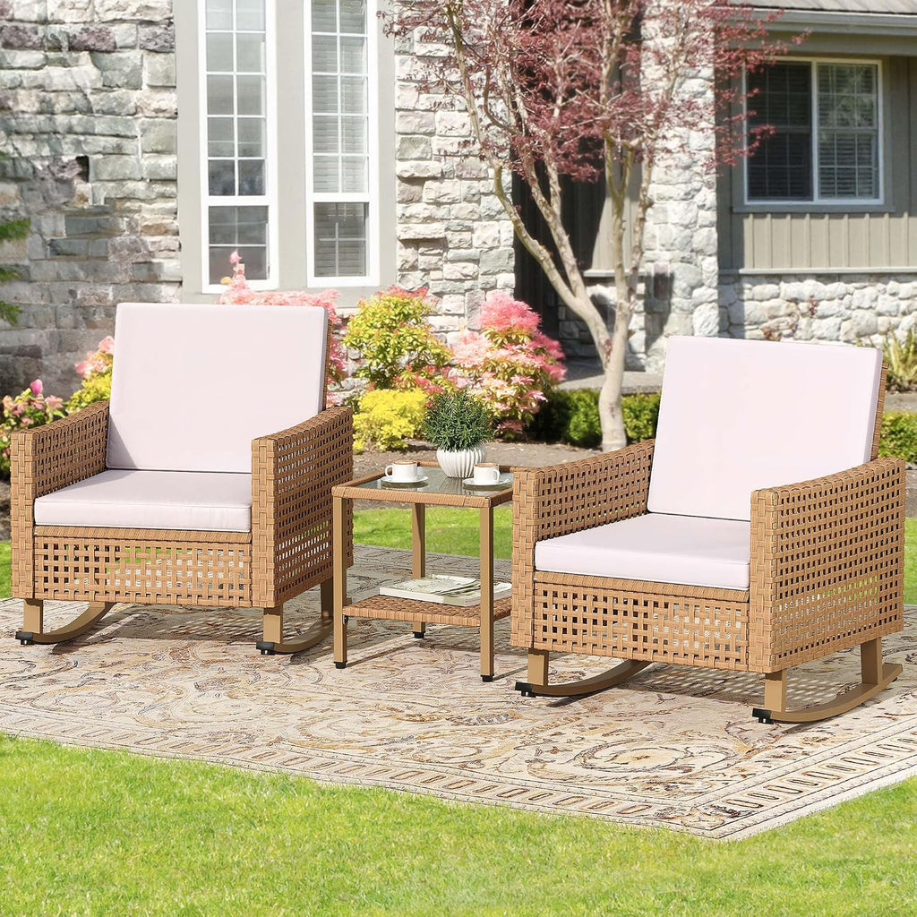 YITAHOME 3 Pieces Patio Wicker Rocking Chair Set, Outdoor Patio Furniture Set with Rattan Side Table, Thickened Cushions, Rocker Patio Chairs Set for Porch, Poolside, and Yard, Beige